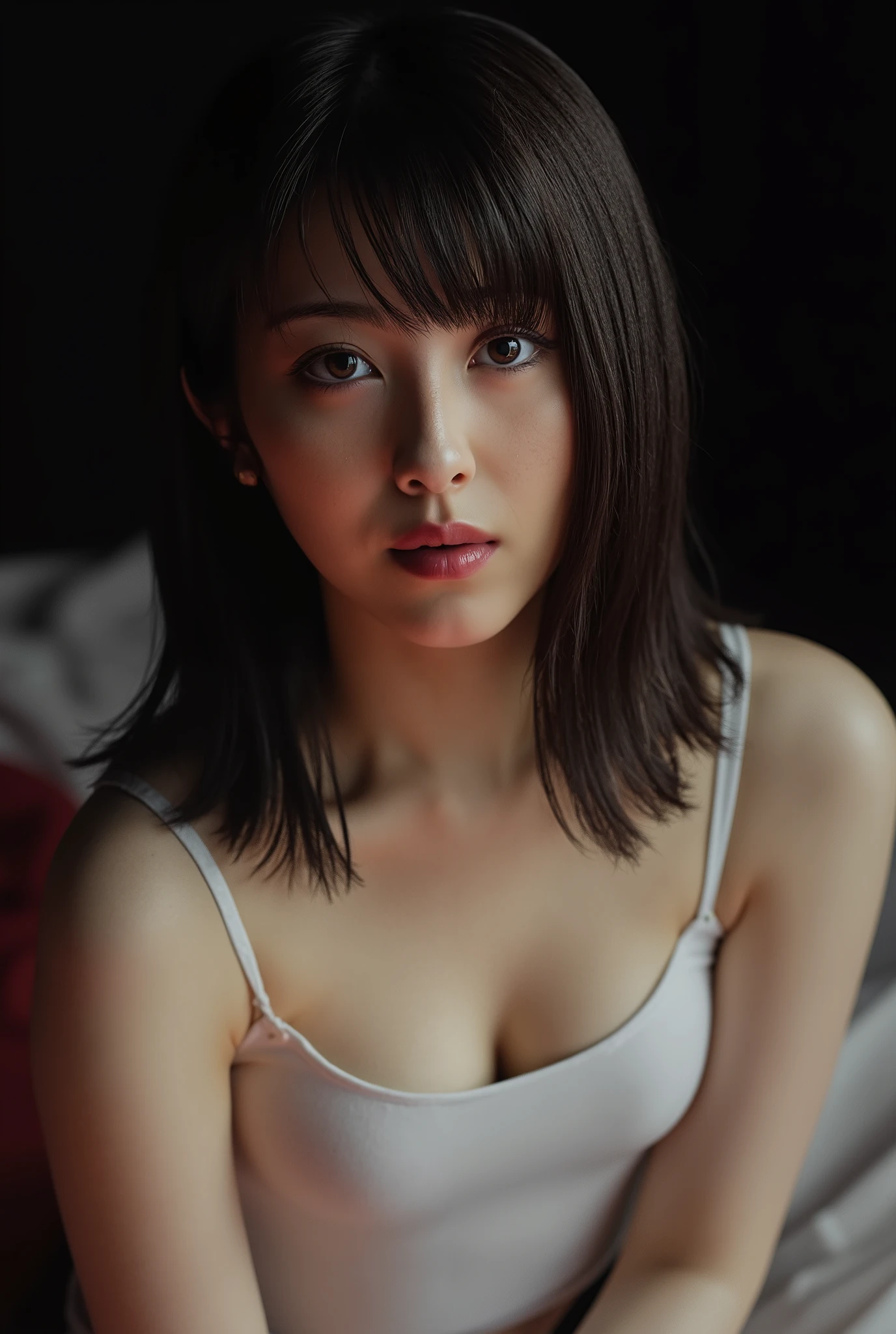 ((( High resolution,top quality, super detailed, Masterpiece , very detailed,realistic,real person,Ultra detailed skin))) ,dark background,(from front),upper body, medium shot, looking at viewer , (tempt face, closed mouth), black hair, medium hair, big breasts, cleavage,white crop top, sit on bed, showing breasts