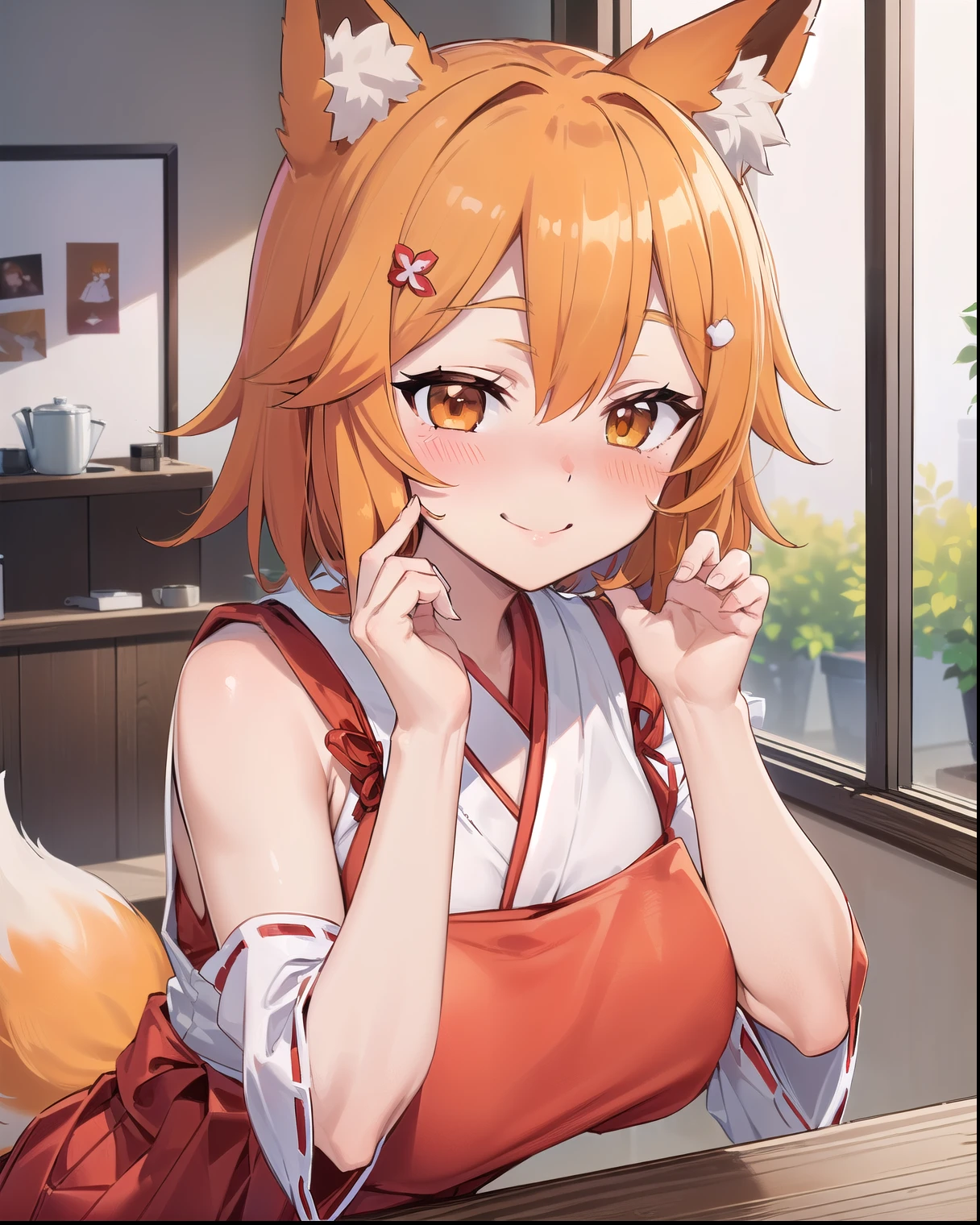 1girl, Solo, HD, Accurate, Large Breasts, Soft Lighting, Blurred Background, (Close-up Potrait Shot: 1.5), (Background Is In Bedroom: 1.3) Looking at viewers, (good hands: 1.3). (Upper body focus: 1.3)
-
(female: KitsuneSenko, orange hair, orange eyes, medium hair, fox ears, fox tail, hair ornament, SenkoMiko, miko, brown apron, red hakama: 1.5)(pose: smile, leans over, blushing, nose blushing, shy: 1.6)