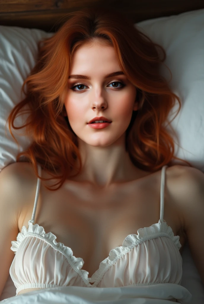 a beautiful redheaded woman with curly hair seductively posing on her bed, lush feminine curves, detailed facial features, detailed eyes and lips, high quality, photorealistic, 8k, best quality, masterpiece, studio lighting, vivid colors, warm lighting, sensual, elegant, intimate, erotic