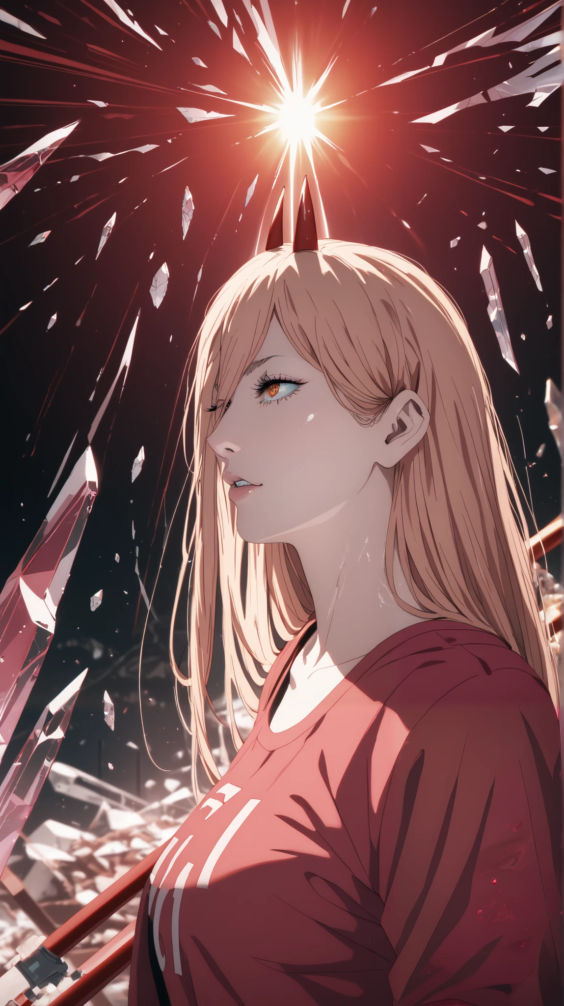 A hyper-realistic crystalline version of Power from Chainsaw Man, her body composed of shattered crimson and gold glass shards, giving her an untamed, chaotic energy. Her wild hair is now a mane of sharp, glowing crystalline strands, and her jagged horns are sculpted from deep ruby glass, reflecting ominous light. She wears a tattered glass suit, looking both deadly and majestic, while holding a blood-red crystalline scythe that glows with energy. The background is a post-apocalyptic battlefield covered in shattered crystal debris, lit by a dying red sun. The atmosphere is intense, with floating glass fragments suspended in midair, reflecting the chaos of the scene. Ultra-detailed textures, cinematic realism, extreme sharpness, and breathtaking photorealism. --v 6 --ar 16:9 --style raw --q 2 --s 750