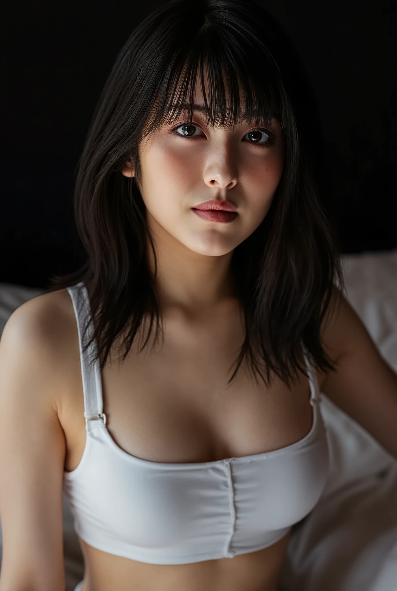 a solo young woman wearing a white V-neck t-shirt, black choker, big breasts. lying on his side with his cheek on the bed, in a dimly lit room at night. realistic