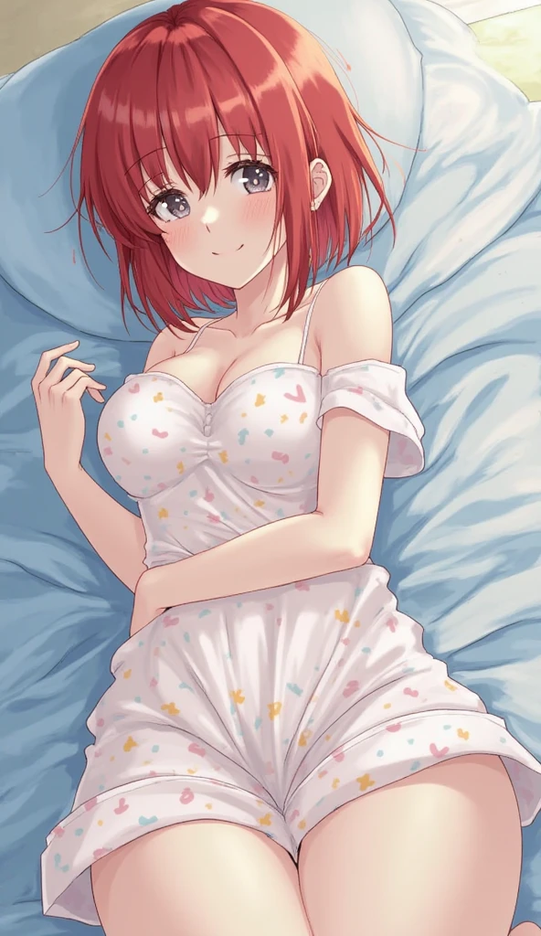 Beautiful girl, one, anime, ginger, bed, girlfriend, tank top, panties, laying down, happy
