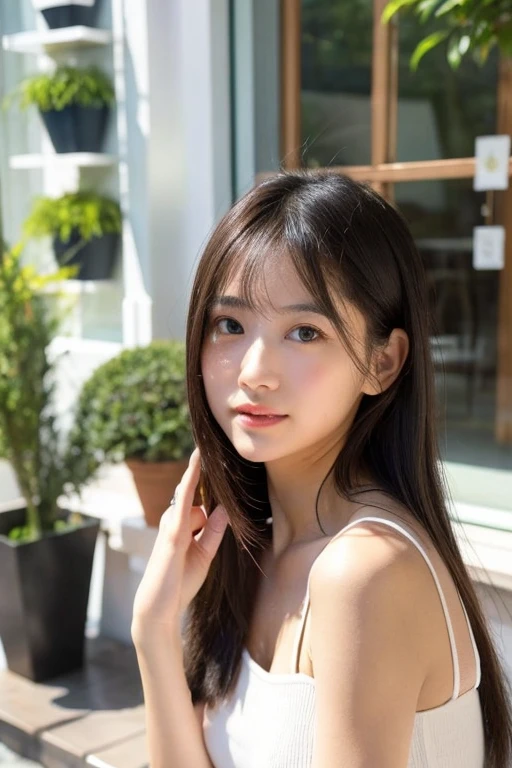 (Highest quality, 32k, High resolution, masterpiece:1.5), internal_jet, god々Photos with radiant and healing powers., Expressing emotions, Have a rich imagination, Beautiful Japanese Girl, Very beautiful face, Small Face Beauty, ((whole body:1.4)), Perfect Human Anatomy, Magic big eye, Motherhood and generosity, deep love, A fleeting smile, Shiny black hair, Beautiful super long hair swaying in the wind, Asymmetrical bangs, Hair between the eyes, transparent, Soft white skin, Sharp eyebrows, Thin lashes, Natural Makeup, Cheek Highlighter, Pale pink lips, (Red dress:1.3), ((High resolutionの美しい太もも)), ((Photographed inside the cafe:1.5)), ((Stylish cafe:1.3)), ((Customers enjoying cafe time:1.3)), Beautiful and detailed cafe interior, Professional Photographer, Professional Lighting, Professional Model