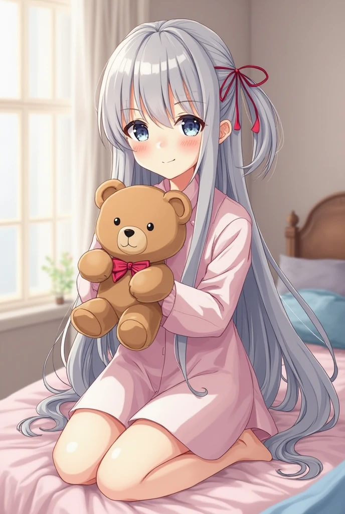 There are a lot of sweets in the bedroom, Toys, and stuffed animals,The walls are decorated with cute pictures and drawings...,childs room,Sleep in bed hugging a stuffed animal,fluffy hair,s under 10 years ol light brown mixed hair,Fluffy and warm pink nightgown,long sleeves with loose sleeves,During sleep,Sleeping with closed eyes,Slight red tide,Smiling faintly,
