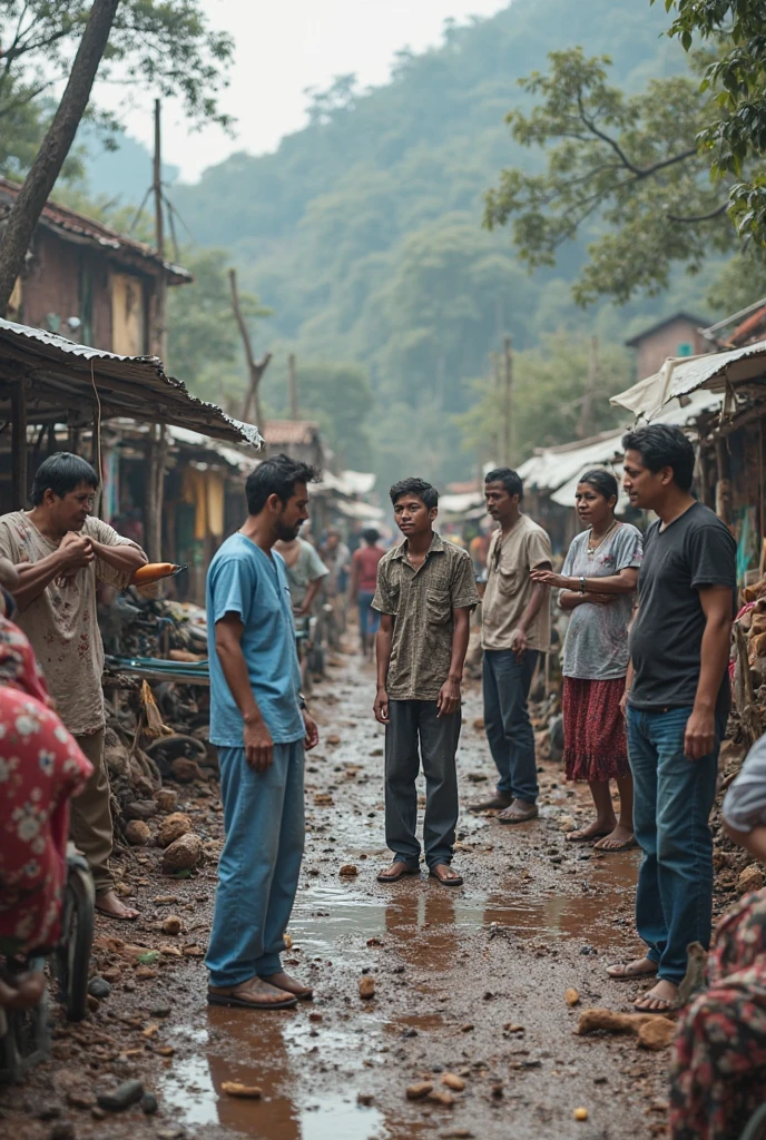 An inspiring scene of a diverse community coming together after a natural disaster, such as a flood or earthquake. The image should depict people of all ages and backgrounds working in harmony to rebuild homes, distribute supplies, and provide comfort to each other. In the background, show a partially damaged but resilient landscape, with some buildings in the process of being repaired. The sky is partly cloudy, with a soft light breaking through, symbolizing hope. The atmosphere should convey a sense of unity, strength, and determination, with individuals helping each other, sharing resources, and smiling despite the challenges. Include small details like children handing out water bottles, elders guiding the young, and volunteers working together to lift heavy debris."MORE EMOTIONAL