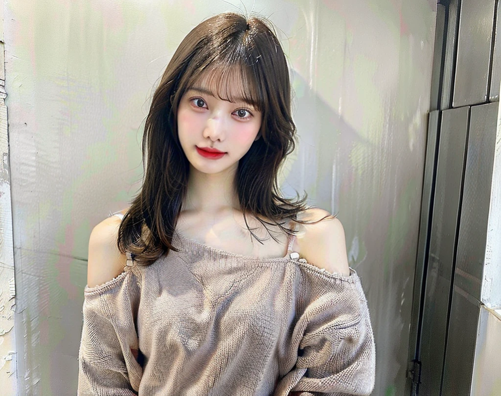 highest quality, 1 Beautiful Woman, 28 years old, 35mm lens,, Cowboy Shot, Concrete Background、Mortar style background、Open-neck knit、light brown、Mortar wall,From below、Straight hair、Straight hair、Shiny Hair,Silky Hair、Slender body