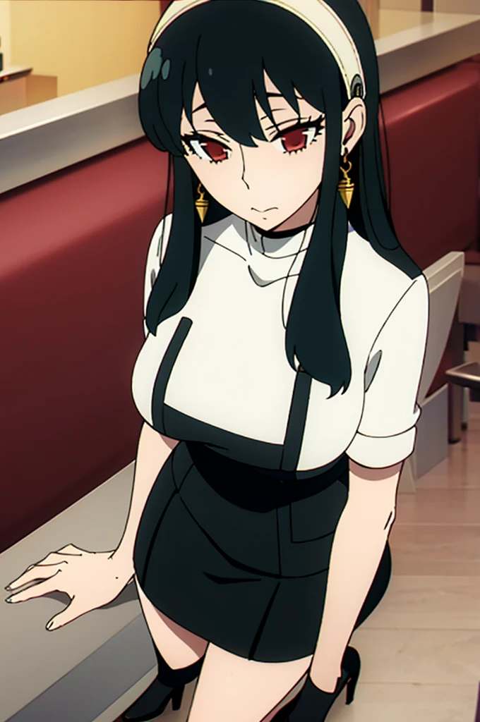 Yaoyorozu , big eyes , beautiful face , eyelashes , my hero academia style , big round breasts , sexy , thighs , anime style , cell shading , revealing thighs , sitting at bar , nudity