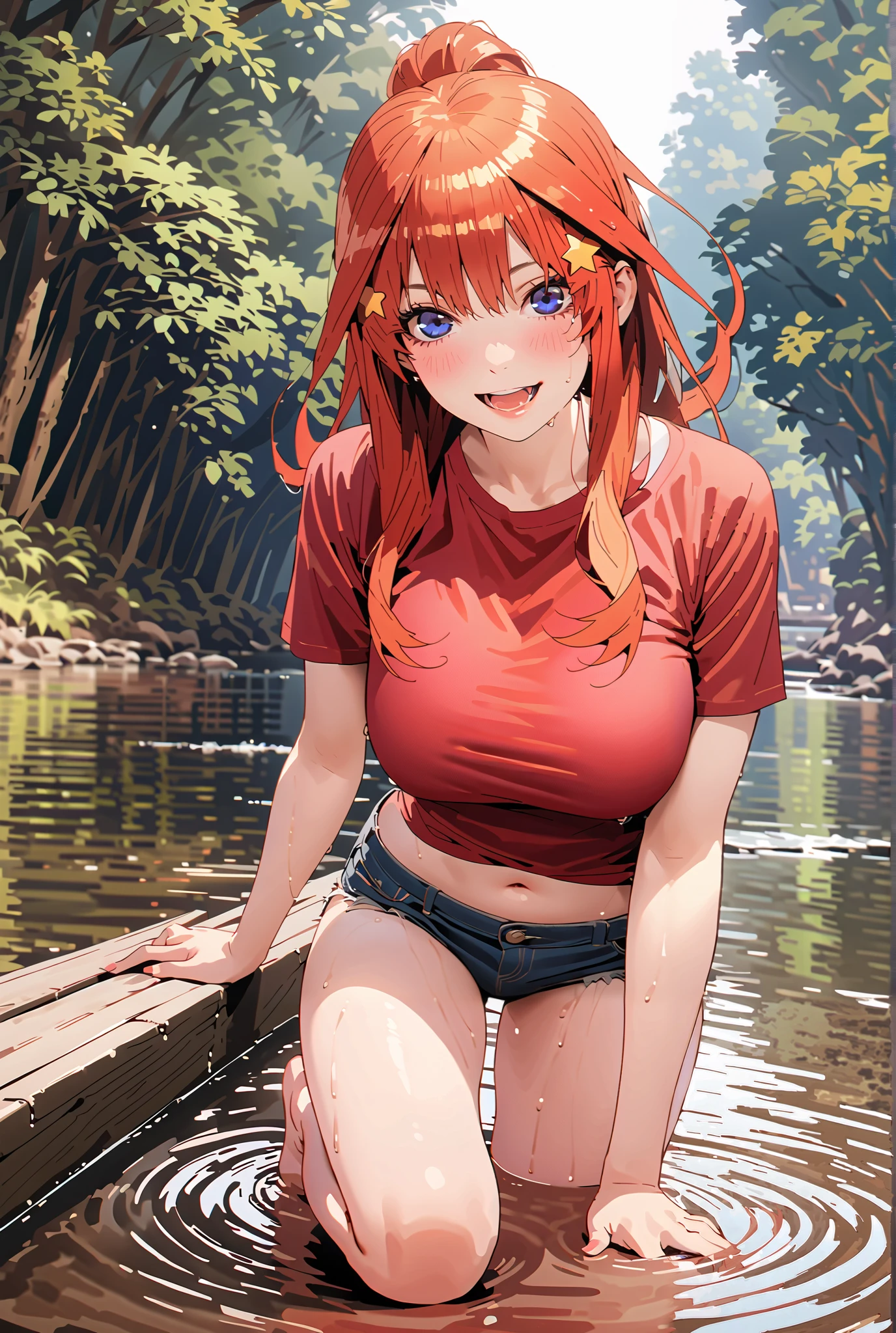 Long pale orange hair scattered，dual horsetail，Pink eyes，Loving pupils，Girl，huge tit，White sports shorts，White off-the-shoulder short sleeves，The clothes were soaked with sweat，Breast sex