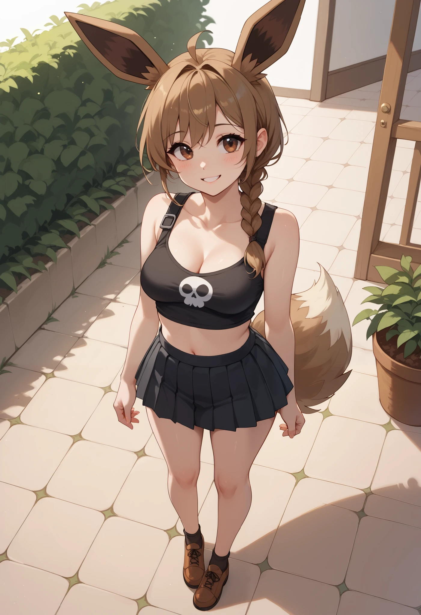 (Masterpiece) (High Detail) (High Res) A full body shot of A very short, cute and petite Human female with pale human skin and brown eyes and long brown braided hair and fluffy brown pointed Eevee ears and a long fluffy brown Eevee tail with a light tip and medium breasts. She is smiling. Human with Animal Ears. From above. She is standing and wearing a black crop top which shows cleavage with a skull on it and black pleated skirt.