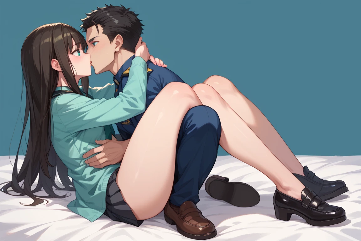 ((Highest quality)), ((masterpiece)), (detailed), （Perfect Face）、The woman is Princess Leona, with medium-long light brown hair, wearing a black military uniform and military cap, and is being held in a luxurious bed by a strong, dignified, evil old general, who inserts his  into her pussye kissing her and ejaculatesmount of semen into her pussyen are brainwasexpressionless, and have no highlights in their eyes.