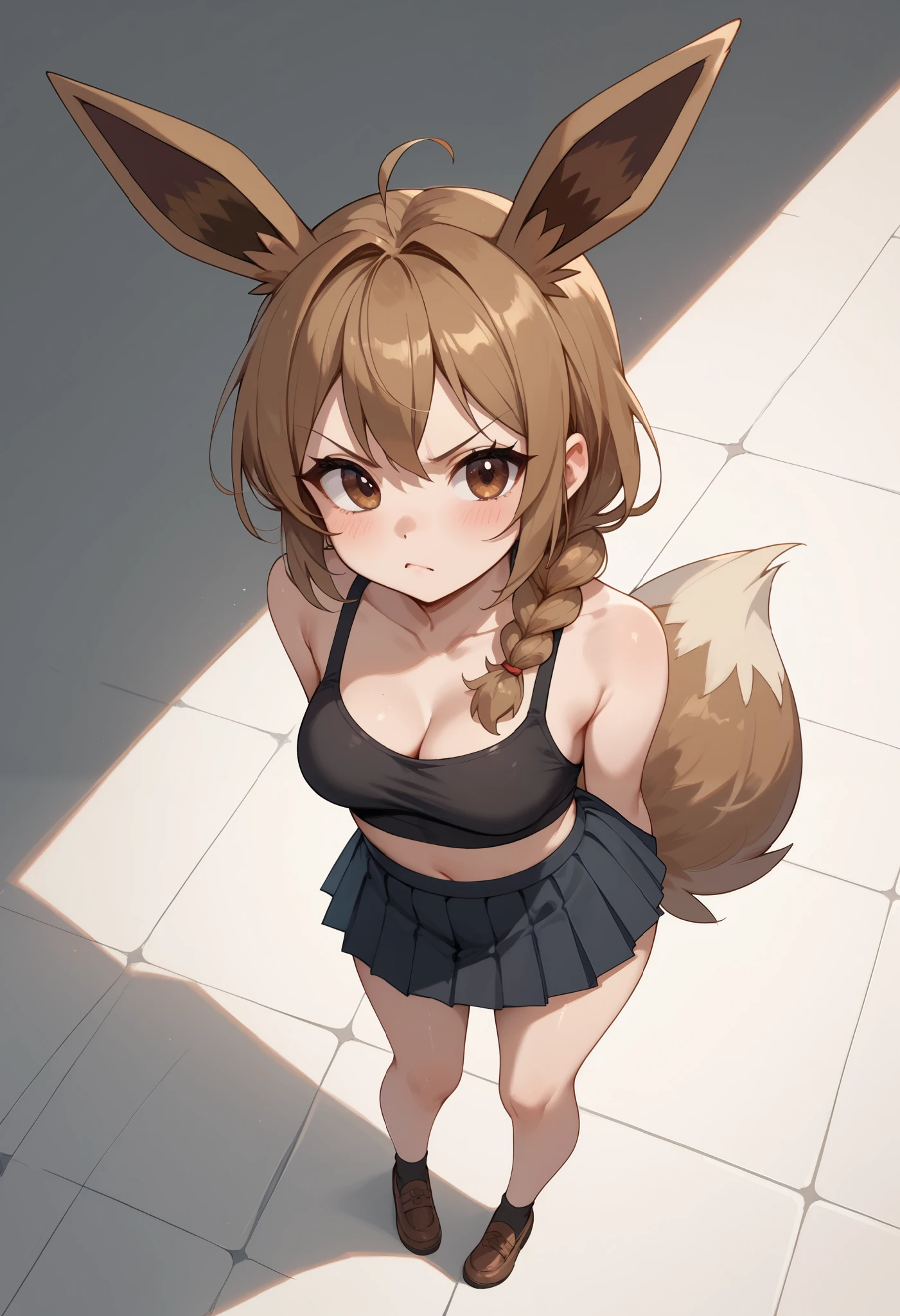 (Masterpiece) (High Detail) (High Res) A full body shot of A very short, cute and petite Human female with pale human skin and brown eyes and long brown braided hair and fluffy brown pointed Eevee ears and a long fluffy brown Eevee tail with a light tip and medium breasts. She is folding her arms and looks angry. Human with Animal Ears. From above. She is standing and wearing a black crop top which shows cleavage and black pleated skirt.