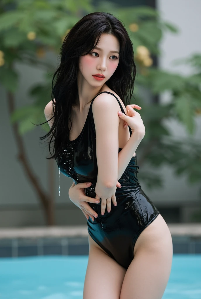 a woman, long hair, blonde, black eye, transparent wet bra ,Wet shorts , sharp body, In the pool , detailed body, detailed face, best quality, high quality, masterpiece, korean, wet skin, small head size