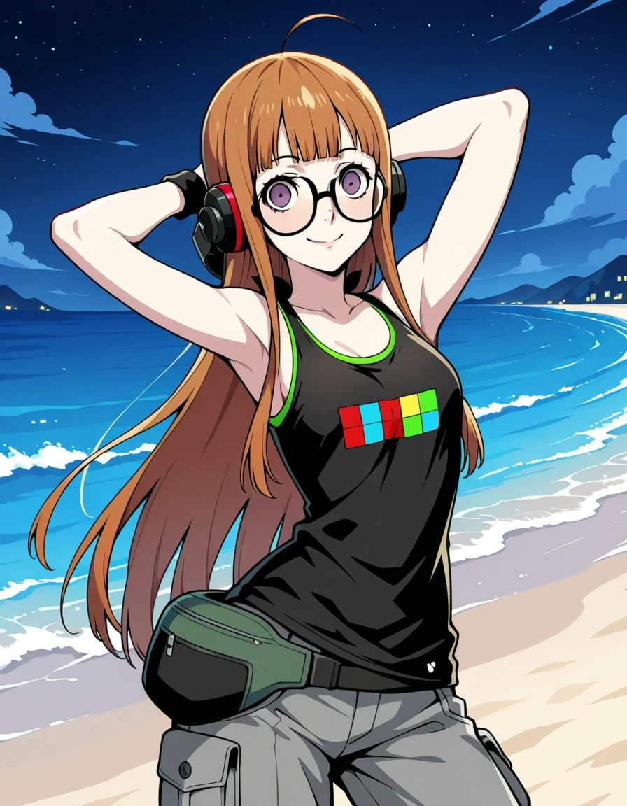 p5futaba, sakura futaba, long hair, glasses, blunt bangs, orange hair, ahoge
p5futaba-summer, behind-the-head headphones, black tank top, bare shoulders, cargo pants, tetris, grey pants, fanny pack, wristband,  shiny skin, high quality, solo, night sky, beach, hands behind head, ((contrapposto)), closed mouth, cowboy shot, looking at viewer, smile, best quality