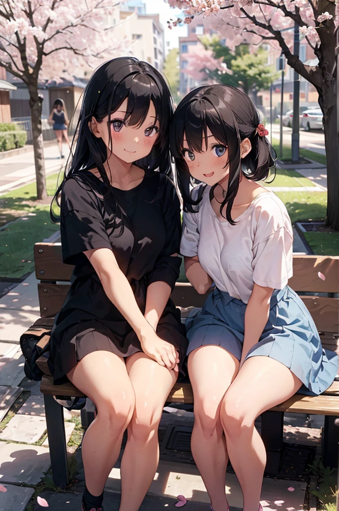 ultra-detailliert, Best Quality, High resolution, ((two cute girls with black hair)), Pretty eyes、Detailed eye depiction、Looking at Viewer, pale skin, Petite、（I'm not wearing panties）、(flat chest), (Glasses), (blush:1.2), eyes are big and blue, Shy smile, NSFW,　a park、Focus on the face、cute long hair, sitting with knees arised、