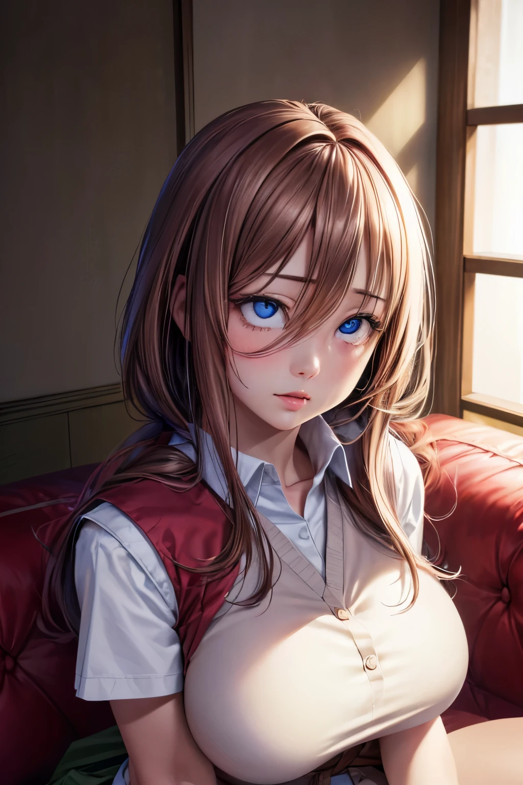 (best quality:1.2,masterpiece:1.2),solely,1girl,serious,beautiful detailed eyes,beautiful detailed lips,extremely detailed eyes and face,long eyelashes,Miku Nakano,looking at the viewer,hand on face,sitting,crossed legs,button-up shirt,tied-up skirt,stockings,thick thighs,big breasts,illustration,ultra-detailed,realistic:1.37,professional,portrait,vivid colors,soft lighting