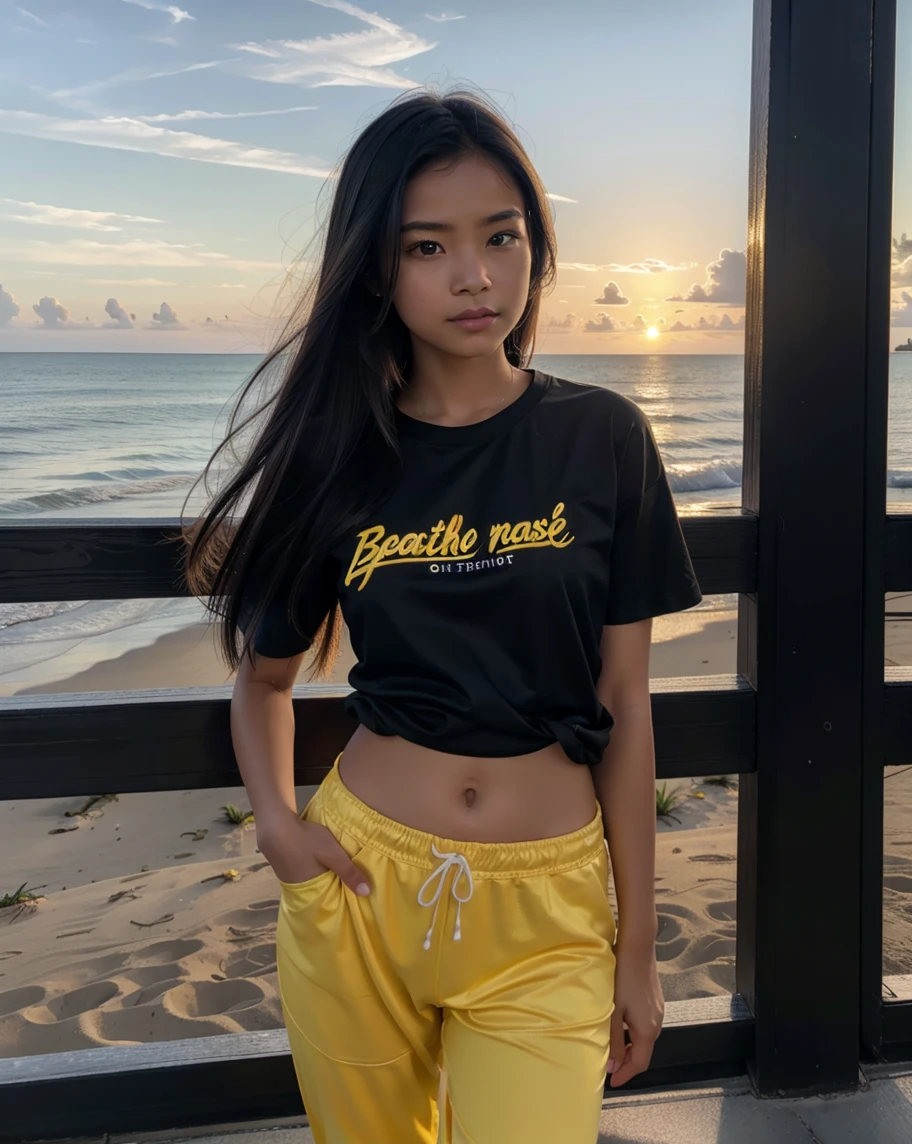 Picture taken with Sony A7RIV, realistic, 8K, Hi-Res picture, masterpiece, perfect shoot, detailed complicated background, Gorgeous twenty years old Indonesian girl, dark brown hair, busty, fair, slender, perfect modeling pose, smiling, ((wearing black oversize t-shirt)), sun glasses, sitting, stool bar. outdoor beach bar, enjoying her ice cold lemon.
