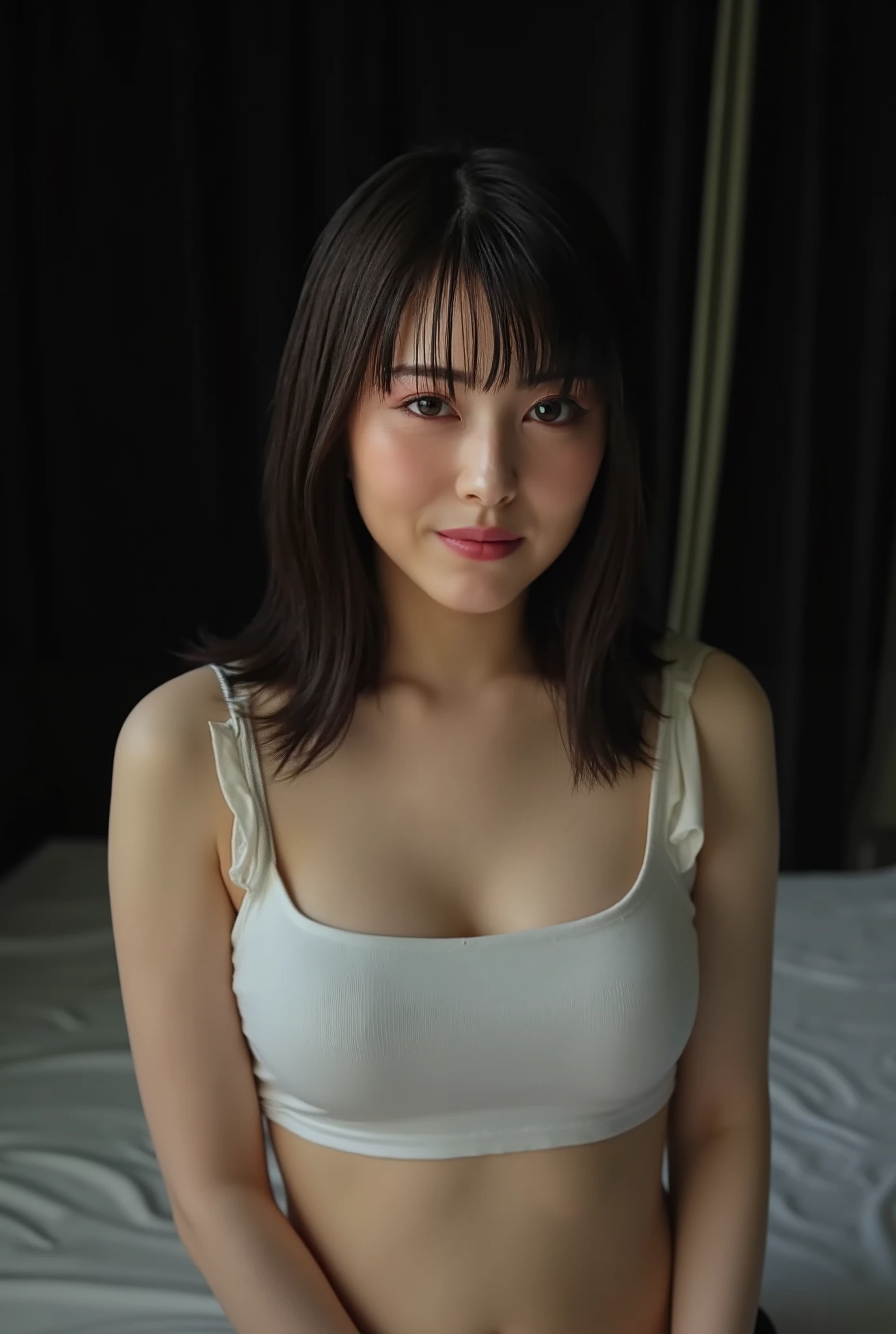 ((( High resolution,top quality, super detailed, Masterpiece , very detailed,realistic,real person,Ultra detailed skin))) ,dark background,(from front),upper body, medium shot, looking at viewer , (tempt face, closed mouth), black hair, medium hair, big breasts, cleavage,white crop top, sit on bed, showing breasts