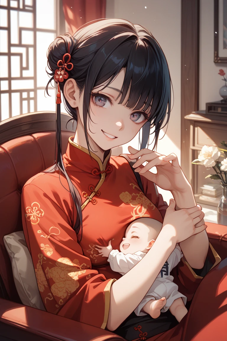 Ridiculous resolution,Highres,(A Masterpiece:1.4),hyperdetail,Ancient China,Young woman holding a boy with short black hair