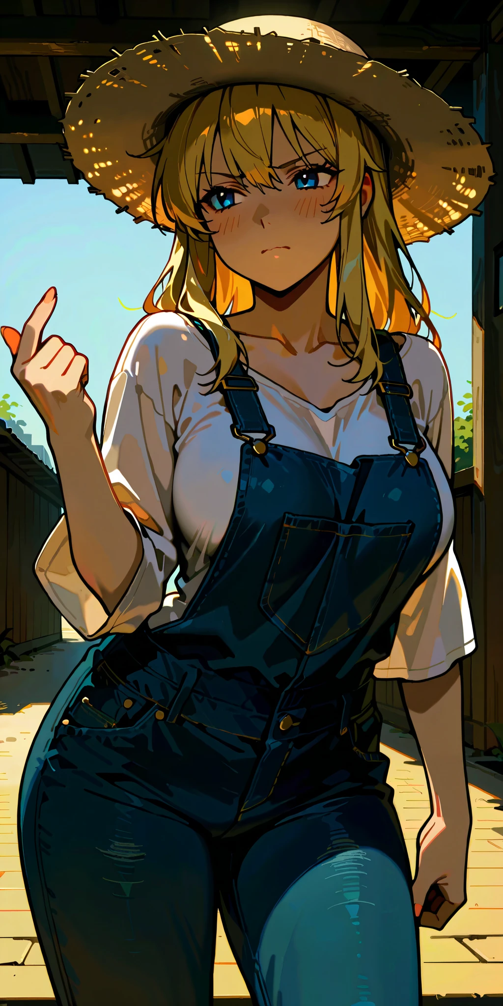 I think she was around 40 years old . She is a tall woman, blonde, blue eyed solo, high image quality , Farmhouse's Dusk Workshop Healthy, Healthy Body wearing a straw hat 、a woman with a grumpy face sticking one finger forward rough look in jeans overalls and shirt well-shaped breasts