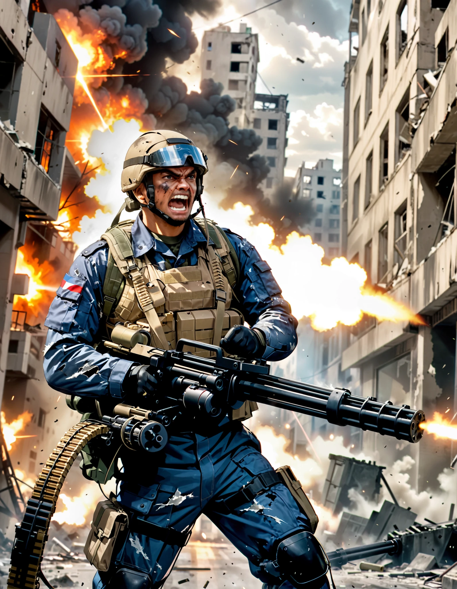 War scene, realistic, with destruction. A soldier is wounded and being rescued amidst enemy attacks. His face is visible as he is facing the camera. Bombs are falling, creating a tense atmosphere and a feeling of despair. The scene is available in 12K resolution, high quality, and high definition (HD) --auto --s2