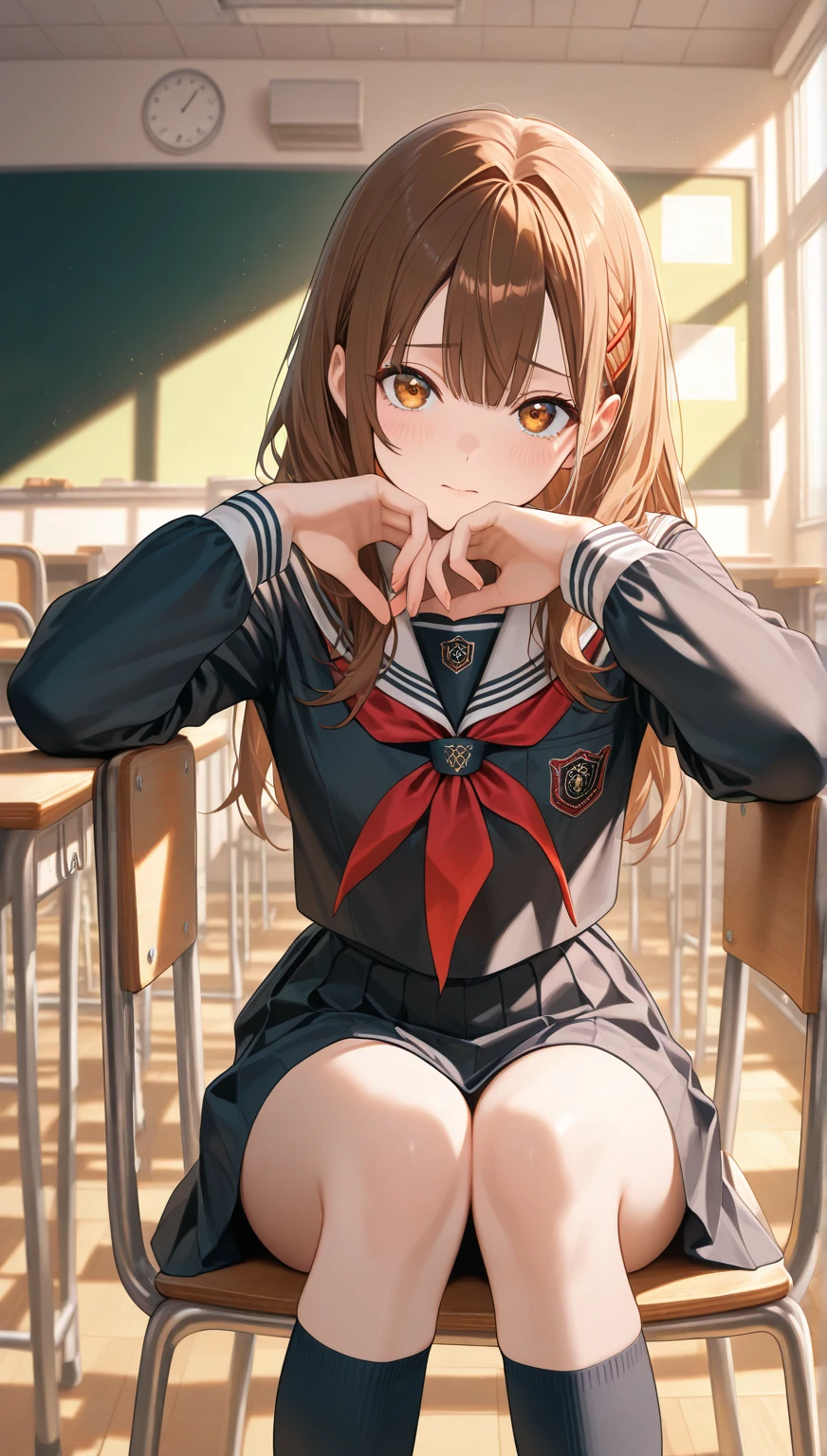 (((((1girl))))), (((best quality))), ((((masterpiece)))), ((ultra-detailed)), (illustration), (detailed light), (an extremely delicate and beautiful), (beautiful detailed eyes), (sunlight), ((extremely light)),
((((school blazer and a pleated skirt)))),
school girl,
wavy medium hair, (((dark brown hair))), (((long hair))),
(((deep orange eyes))),
((whole body)), aged 14 to 17,
diamond, beautiful, ((extra elegant)), (((condescending expression))), (sexually mischievous smile), (((extra adorable))), (((extra slender shape))),
(((all fours on the sofa))),
(((exposed pale pink panties))),
(((extraordinarily thin thighs))),
(((mat white ankle socks))),