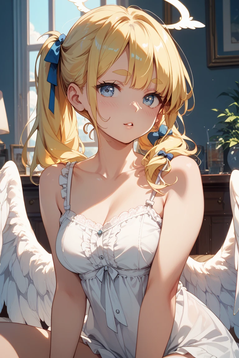 blonde、blue eyes、girl、Small breasts、Twin tails、girl、Small breasts、Bright smile、Looks about 15 years old、Petan Musume、He is short、Angel wings growing、Eye highlights、Show your armpits
