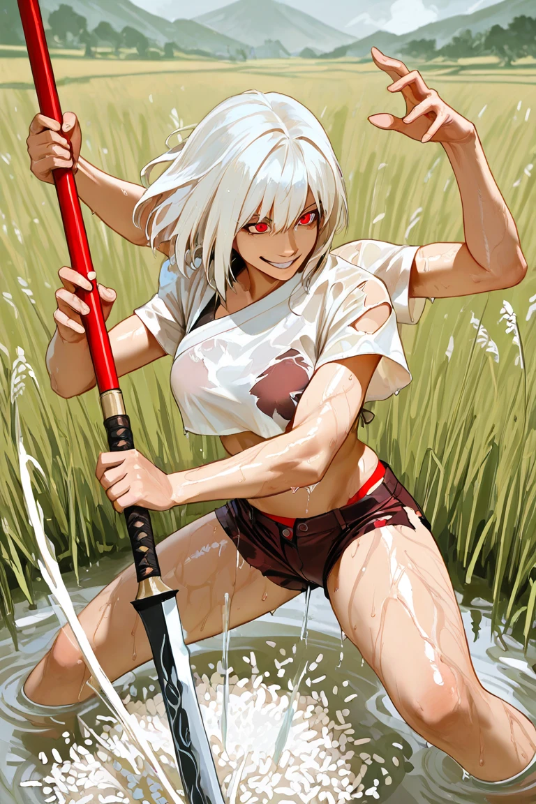 A giant girl with one horn, white hair, tan skin, orange eyes, holding a knife and wearing a swimsuit. In the middle of the forest at night