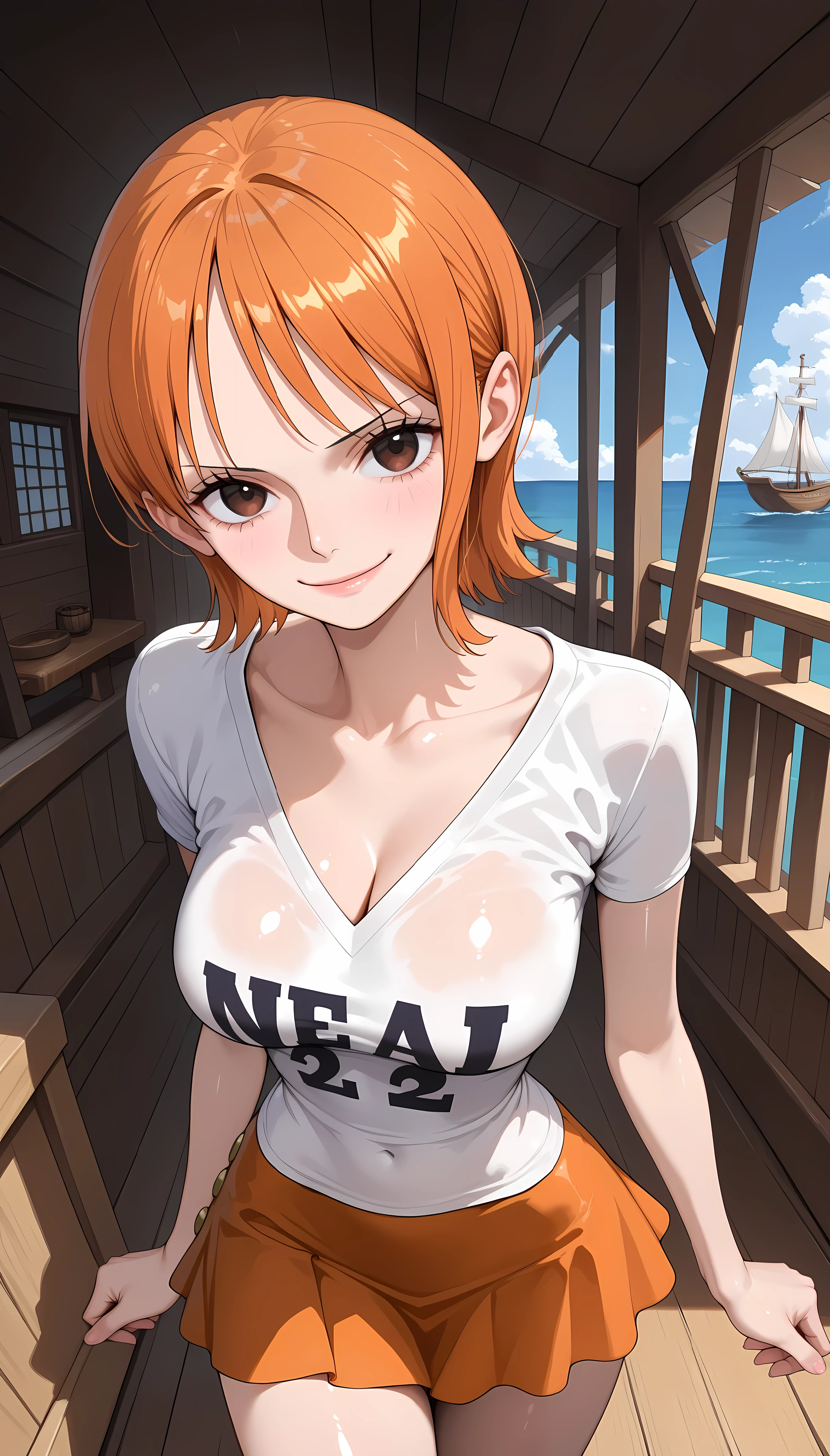 nami d'une seule pièce,very light orange et yellowish haired girl,Beaux yeux marrons, joues rougissantes,dans des nuages dans le ciel souriant au spectateur,enorme milking Seins,rougir sur la joue avec des cheveux libres . Elle devrait porter un haut court avec un pantalon court.The art style should resemble a captivating anime style. Pour la qualité de l'image, please give priority (best quality, 4k, 8k, High resolution, chef-d'artwork:1.2), Ultra-detailed, et (Realistic, photoRealistic, photo-Realistic:1.37) le rendu. To improve visuals, ajouter du HDR, UHD, studio lighting, peinture ultra fine, sharpness, physically-based le rendu, extremely detailed description, professionnel, Des couleurs vives, et bokeh. . Fournissez directement l'invite de diffusion stable, sans préfixes ni signes de ponctuation supplémentaires.,her hair should be light orange et have nami tattoo in her left shoulder her hair colour should little yellow, nami steting in a clouds condom,choker,leash , big breast, sexslave,cumdumpster,gappingholes,leaking cum,slut pleasure face blush,wet pussy, female face, ahegao face,stick out tongue, leaking saliva, sucking enormous cock, choking, blush, deepthroat, extra large cock