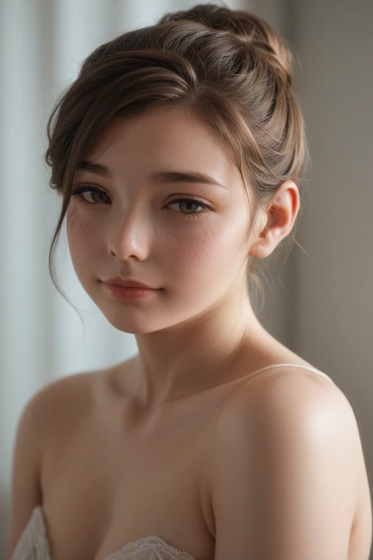 High resolution, High level image quality, high detail,, anatomically correct, sharp, gray bacKground、((Japanese)), １６talent、alone,snow-white sKin,fair sKin、plump lips、very cute、(((small breasts、small breasts)))、nude、Protruding chest、Asserting breasts、An ennui looK、 well-shaped chest, mesh brown hair、twin tails:1.3、short hairのtwin tails:1.1、short hair、nude、stylish blacK dress:1.3、(((stand upright, facing the center of the screen.))) ((upper body angle))、RAW photo、highest quality、super resolution、best image quality、masterpiece、８K