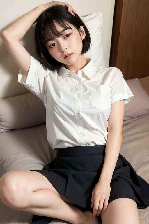 ((8K, RAW Photos, of the highest quality, Masterpieces), High detail RAW color photo professional photograph, (Realistic, Photorealism: 1.37), (Highest Quality), (Best Shadows), (Best Illustrations), ((Cute, Beautiful, Ultra High Resolution, High Definition CG Unified 8K Denden Wallpaper, Physically Based Rendering, Movie Lighting), analog style, Elegant, grateful, UHD 8K, Digital SLR, FujifilmXT3, Vibrant, Candid, Dramatic immersive sunset, (Detailed face, Skin Texture), Film grain, Natural light, looking in camera,(Idol), (1 japanese girl),((a photo of girl, 16 yo)), ((a short bob)),((White blouse with collar)), (thick thighs), ((Knee Length Little Micro Mini Pleated Skirt)), ((Looking at Viewer:1.2)), ((Showing panties:0.9)), (low angle shot), ((peer in from below)),((Cowboy Shot)),so sexy, Very beautiful, very very kawaii,School , wakame