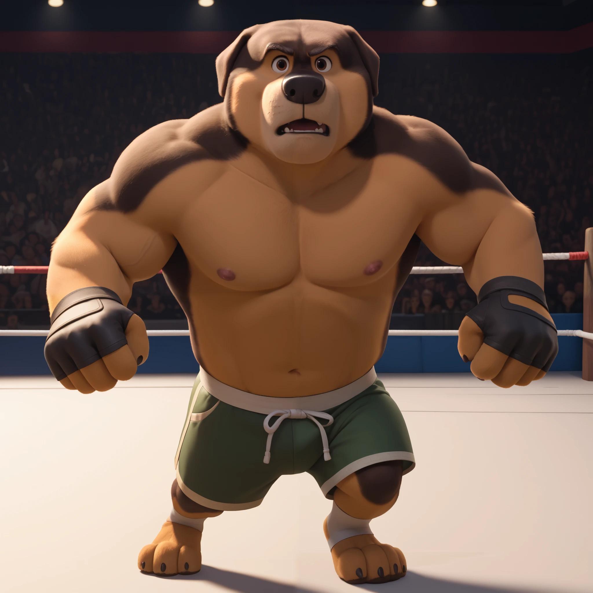 score_9, score_8_up, score_7_up, cartoon_style, ((by BodiPhant0m)), byBodiRDz, 4k, 8k, The best quality, very well drawn, detailed, high quality, detailed, 4k, high resolution, high quality, high resolution, Khampa, detailed, high quality, detailed, 4k, high resolution, high quality, high resolution, furry character, canine, 2d, solo, fighting arena background, rockdog, khampa, style rock dog, movie style, style[rockdog], rockdog, male, Tibetan mastiff, mastiff, dog boy, dog, khampa, Tibetan Mastiff with brown-and-tan fur with tan fur on his muzzle, hands, feet, black nose, brown eyes, middle aged muscular, Height: 6'10", Weight: 358lbs, shirtless, black MMA shorts with green slits, MMA fingerless gloves with knuckle pads, fights,  