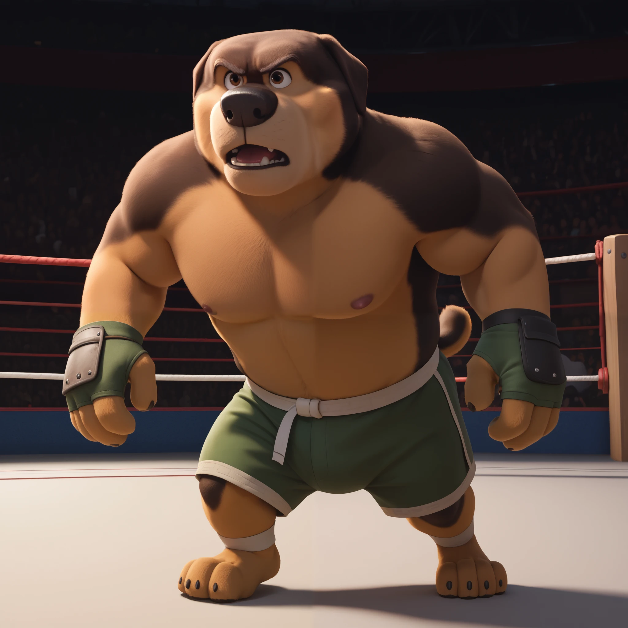 score_9, score_8_up, score_7_up, cartoon_style, ((by BodiPhant0m)), byBodiRDz, 4k, 8k, The best quality, very well drawn, detailed, high quality, detailed, 4k, high resolution, high quality, high resolution, Khampa, detailed, high quality, detailed, 4k, high resolution, high quality, high resolution, furry character, canine, 2d, solo, fighting arena background, rockdog, khampa, style rock dog, movie style, style[rockdog], rockdog, male, Tibetan mastiff, mastiff, dog boy, dog, khampa, Tibetan Mastiff with brown-and-tan fur with tan fur on his muzzle, hands, feet, black nose, brown eyes, middle aged muscular, Height: 6'10", Weight: 358lbs, shirtless, black MMA shorts with green slits, MMA fingerless gloves with knuckle pads, fights,  