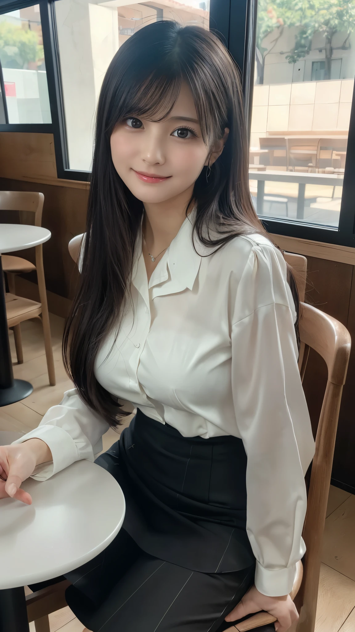 (1 Korean star with royal sister style), ((Best quality, 8K, 巨作: 1.3)), focal point: 1.2, Perfect body proportions: 1.4, (Make a smile), (Ray traching),Watery eyes, Highly Detailed Face and Skin Textur, Fine eyes, Double eyelids, Whitens the skin, (long whitr hair, Air bangs: 1.3), (face round: 1.5), (white shirt,Skirt that wraps hips: 1.4), (Sit on a high chair and show off your figure: 1.6),(black lence stockings: 1.4),(film grain style:1.3),a sense of atmosphere