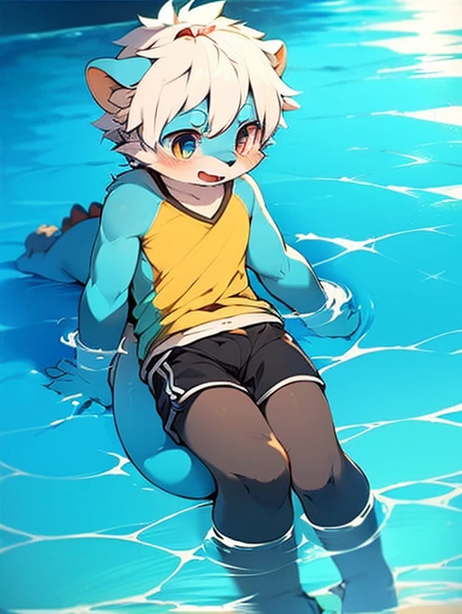 anger,Shota,swim,(best quality),(masterpiece),Wear only transparent thongs,no shirt,No coat,lying in water