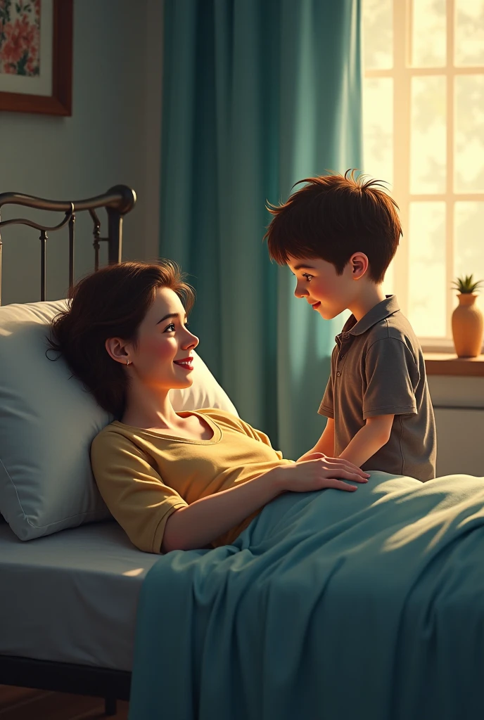 Mother and 15 years son are sitting on the bed of the room with packet in hand
