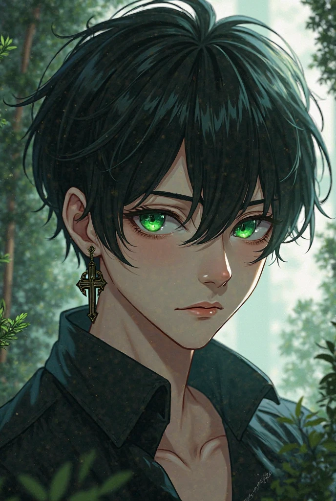 (absurdres, highres, ultra detailed), 1 male, (28 years old male) (short pointed ears) adult, handsome, tall slender guy, narrow eyes, narrow shoulders, finely detailed eyes and detailed face, messy shaggy black hair, shaggy hair, side bangs, bangs, green eyes, sexy twink, shirtless, bare chest, final fantasy 14, slave collar, full body shot, defiant pose expression, cinematic, forest bokeh, background blur