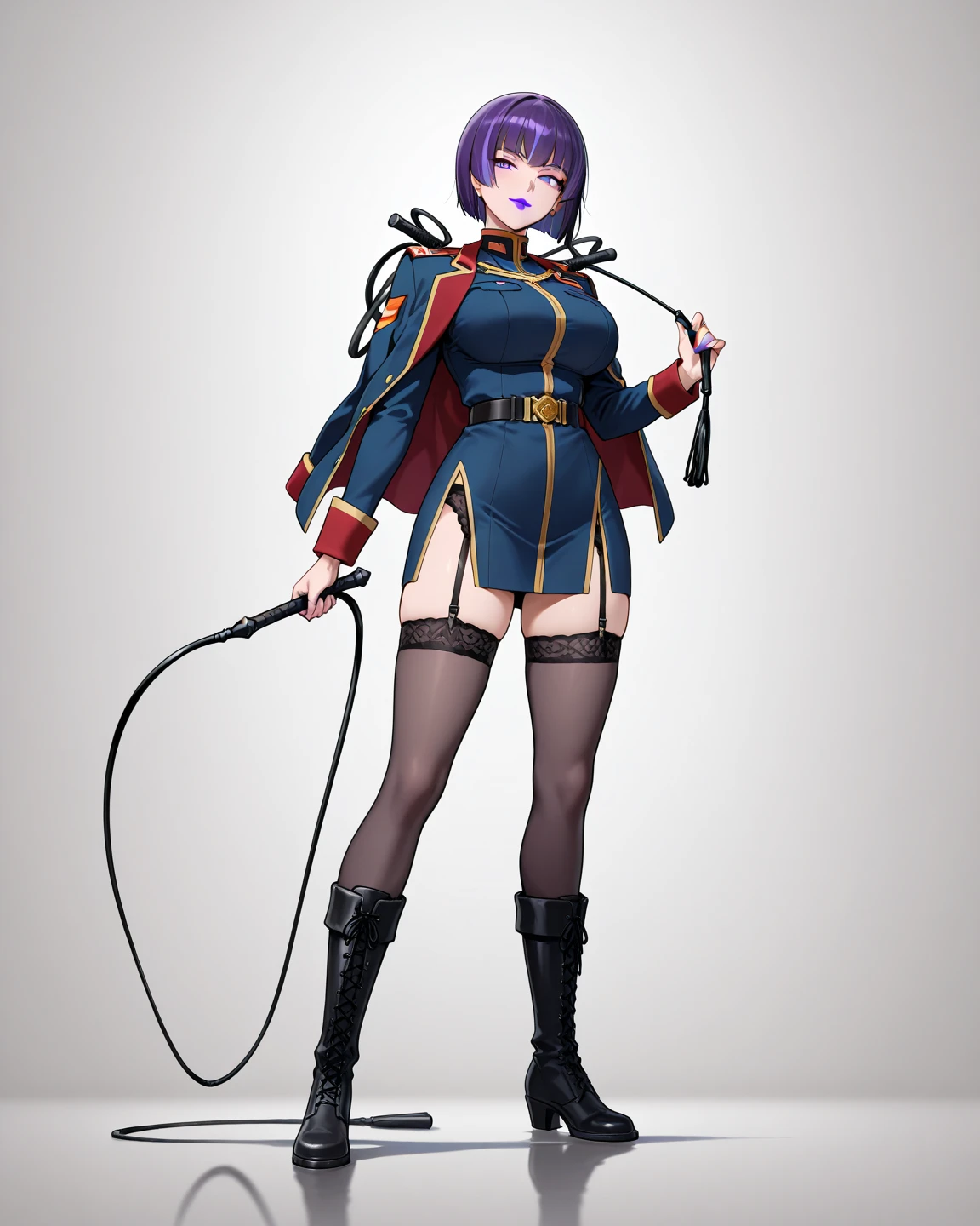 ultra-detailed, Explicit, Beautiful body, Beautiful Nose, Beautiful character design, perfect eyes, perfect face, ultra highres, 4K, beautiful legs, perfect legs, Nice hands, Perfect hand, Masterpiece, Best Quality, Highly detailed, illustration, absurdres, street fighter, doll suit, shadaloo doll, dollsuit, expressionless, blank eyes, looking at viewer, red gloves, emotionless, black latex, corrution, mind control, female combatant, full body, hypnotized, unhappy trance, full body suit, ribbed bodysuit, both arms at side, obey, perfect female body, extremely glossy latex, hypnosis, hypnoLora, empty eyes, Mind control device, poses, submissive_pose, Slave, hat, necktie, stand up straight, standing, standing at attention, hat, necktie, belt, latex, ribbed bodysuit, thighhighs, garter belt, Fighting Stance, extending the right arm from the shoulder into the air with a straightened hand, nazi saluting, military, military saluting, salute, thigh boots, 1girl, Riri, koihime musou, purple hair, purple eyes, short hair, short twin tails