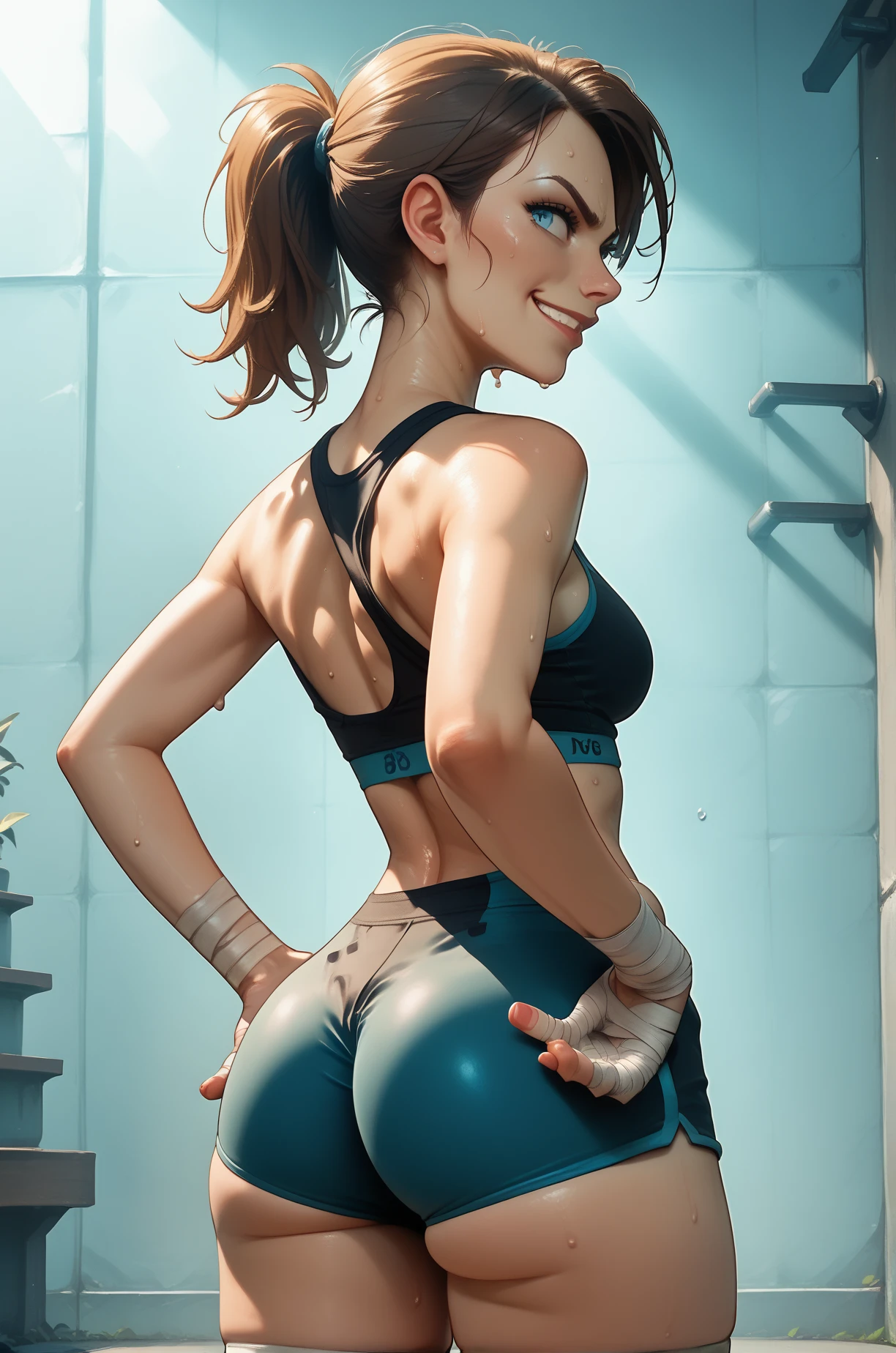 cartoon, detailed, detailed skin, realistic body, 
Gwen, Gwen (ben10, gwen tennyson,
leggings, looking back, looking down, perfect ass, sports bra, 
Cartoon, shadows, detailed, detailed skin, delicately visible muscle outlines, 1girl,