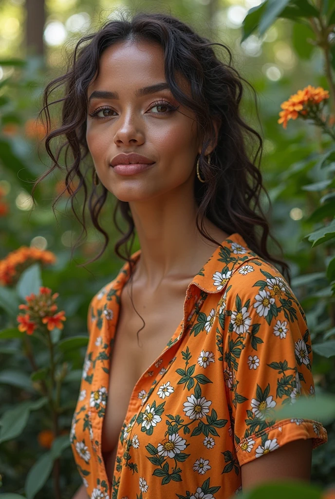 A Brazilian woman in a lush tropical garden, wearing an open shirt with a floral print, with a close-up capturing the harmonious beauty between her breasts and the natural flowers, showing off your natural charm and outgoing personality.