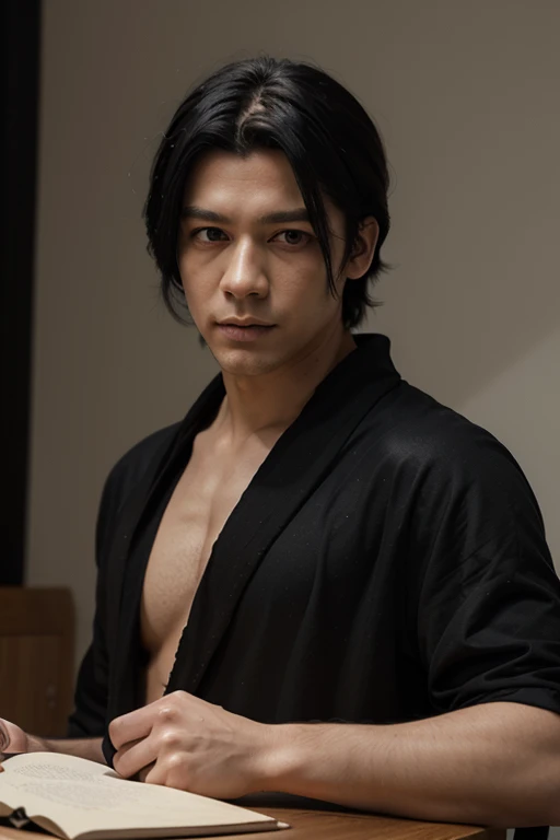 Mishu is a young man who uses two katanas and has some green streaks in his hair that go down to his hairline and wears a black robe with some red stripes.