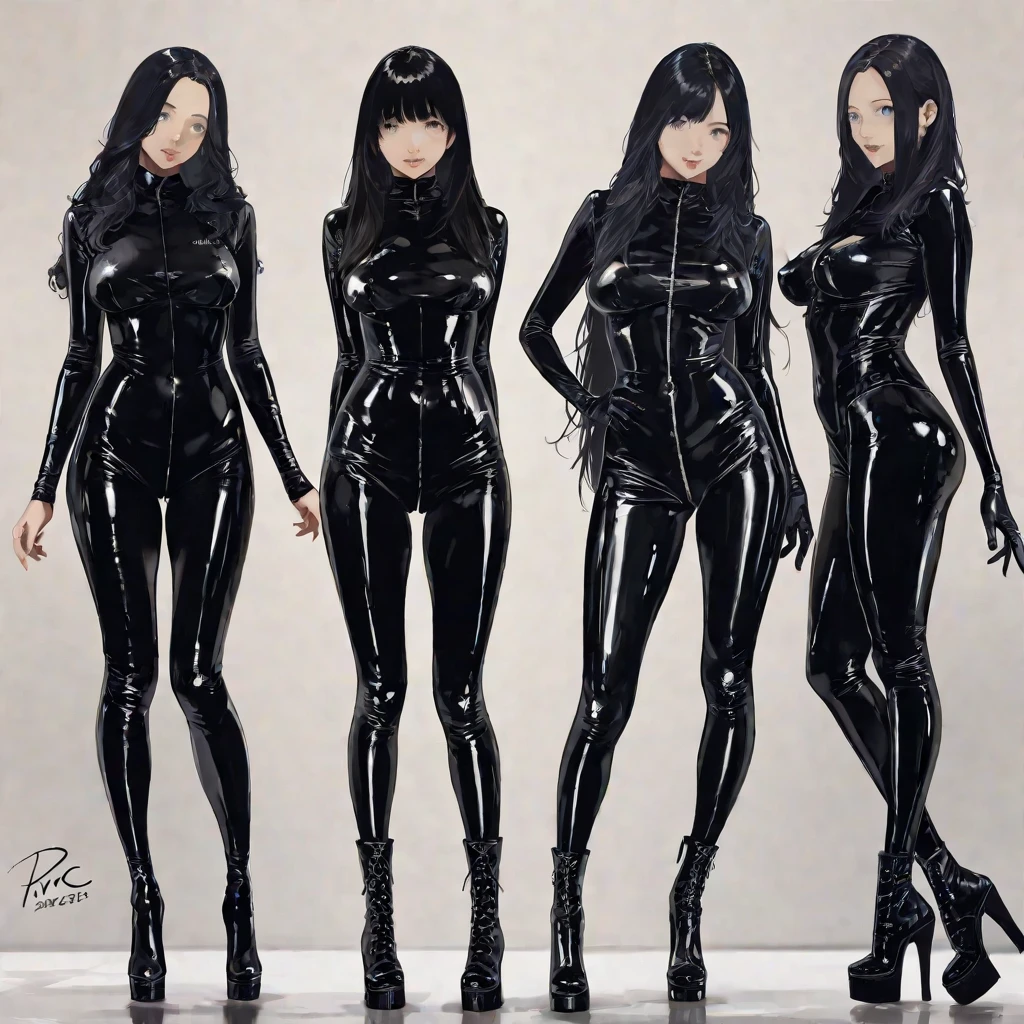 woman with snake hair, full body, hybrid half human and half snake, black hair, very long hair, eye reflection, purple eyes, makeup, blush, smile, anime style, Conceptual art, modern, anime, reflection light, character chart, 135mm, Canon, HD, super detail, high quality, best quality