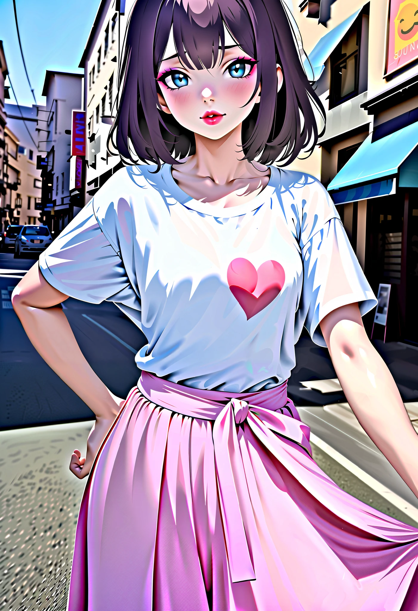 ((RAW Photo), Absurds, (Absurd Resolution)), ((Hyperrealism, Photorealistic)), (AI Reality), (A young woman with AI Hyperrealism), freckled, (light eyes), (makeup, red lips, heart emoji), ((loose t-shirt, loose skirt, pastel colors)), (street background), she flirts with the viewer, (Photographic Perspective)). «SunPuma S»