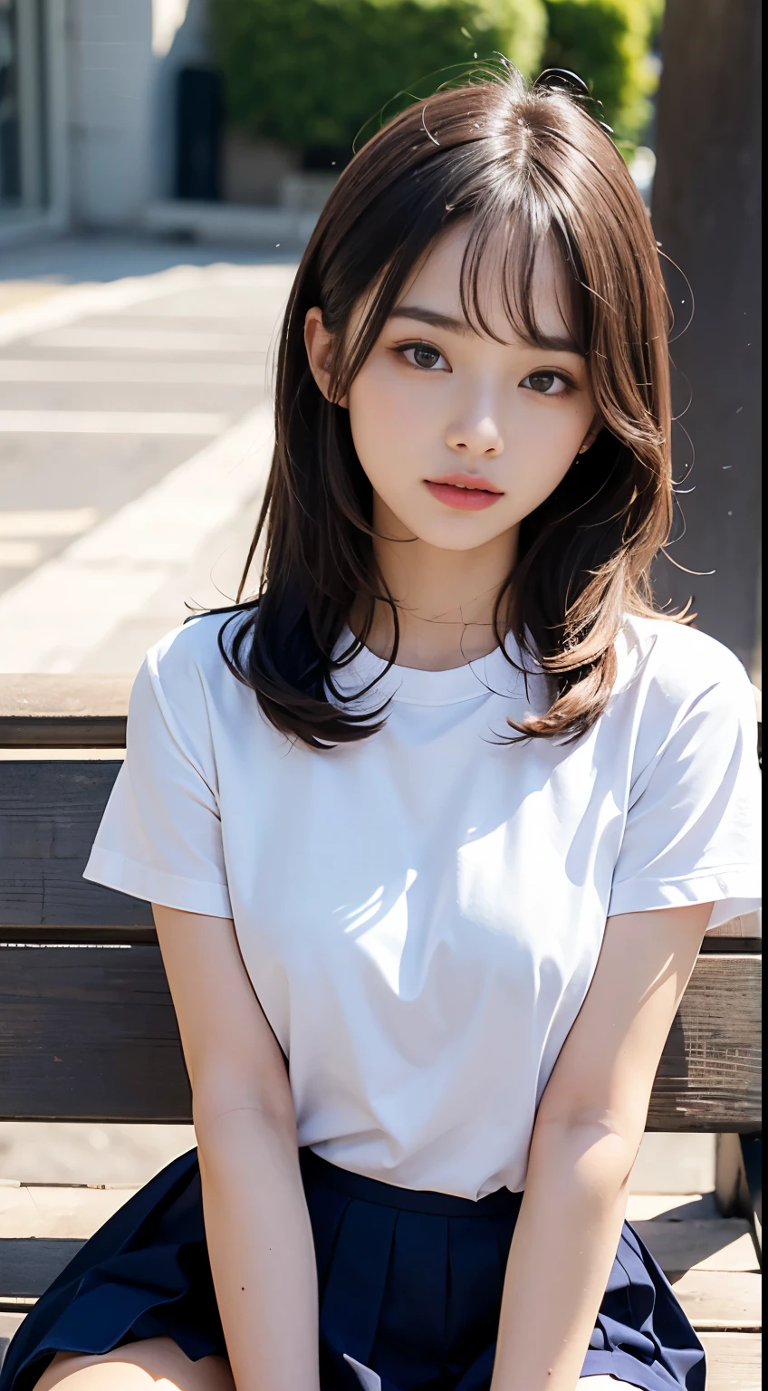 8K, best quality, (masterpiece), (photorealistic), (realistic), (ultra high definition), ray tracung, (front view), (angle from below), 1 girl, japanese female, high definition cute face, high definition closed mouth, high definition eyes, above waist, white T-shirt