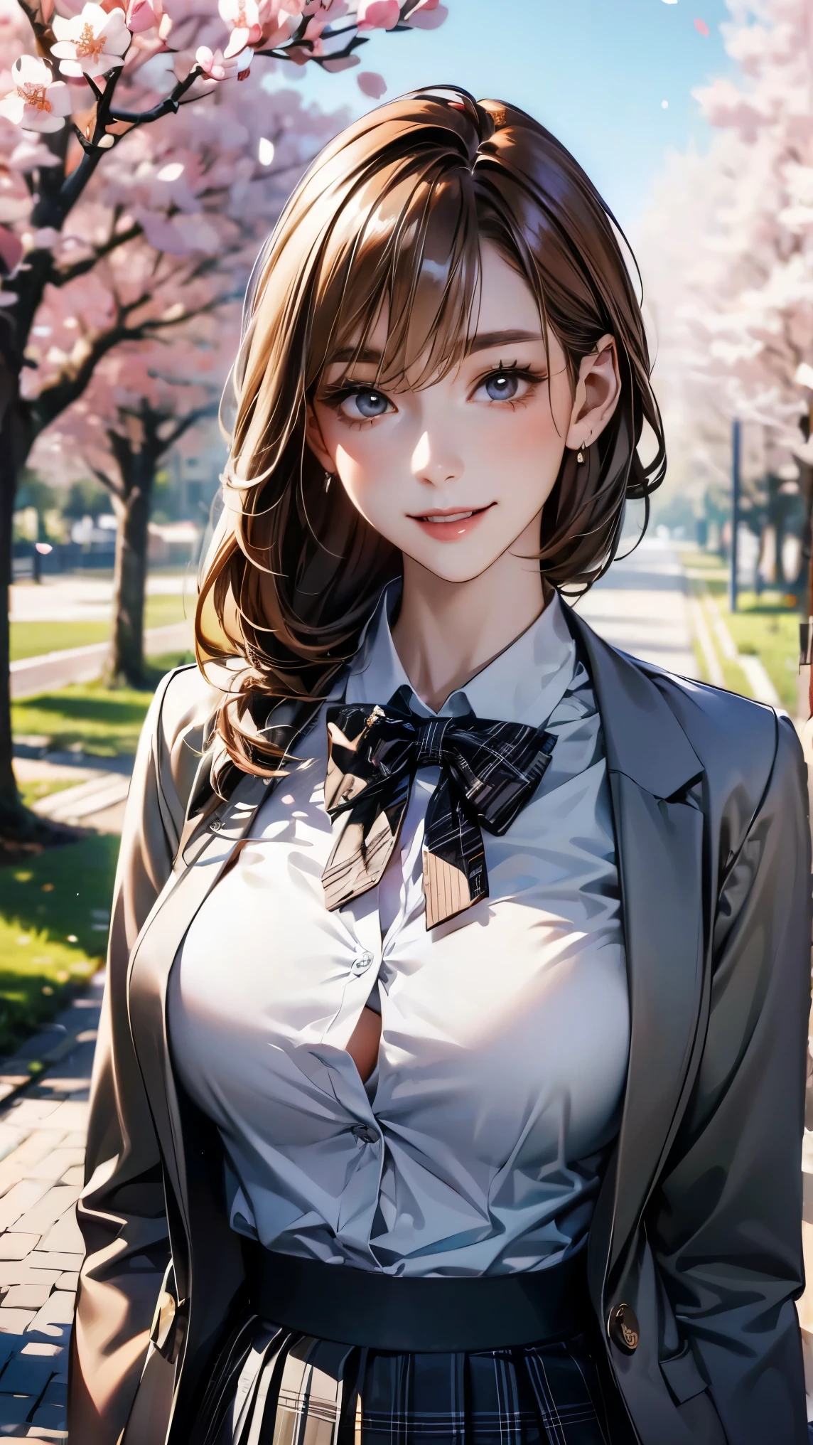 (masterpiece, digital art, Digital Illustration, 4K, 8k, Ultra-detailed, beautiful image, Sharp Image, Photorealistic, Raw photo, Perfect face, Perfect lines, Perfect eyes, Soft lighting) 1 woman, lightbrown hair,Chignon hair in a high position,(big smile),A spring park,cherry blossom trees, morning, spring、schools、school uniforms、blazers、Black Plaid Pleated Skirt、baggy cardigan、hi-school girl, very big breast, (sharp focus, ultra detailed)