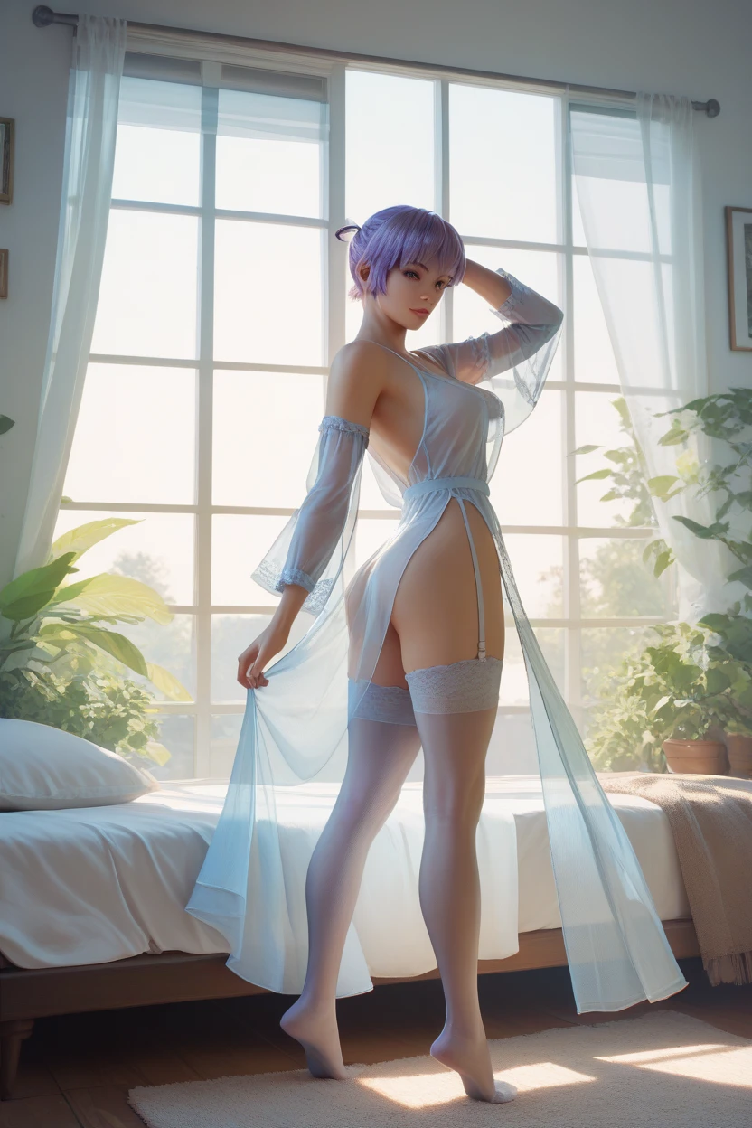 8K, Best Quality, Masterpiece, Ultra High Resolution, (Realism: 1.4), (Realistic Skin Texture: 1.3), 1 Cute woman, Pink short hair, Best Quality, Background crowded ballroom Wearing a loose white dress, black stockings, seductive, seduction, red lips, panties, standing