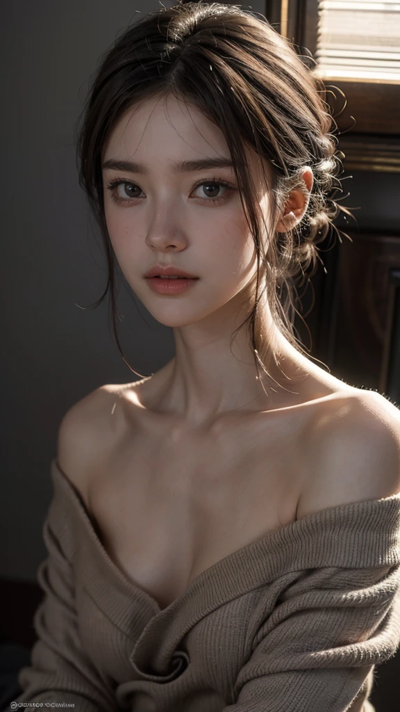 Best quality, masterpiece, ultra high res, (photorealistic:1.4), raw photo, (Authentic skin texture:1.3), (film grain:1.3), panorama, character portrait, very wide shot, narrow waist, cowboy shot, (in the dark, deep shadow, low key, cold light,) night, close-up, streaming tears,
indoor, dust, Tyndall effect, sad, disappointed, gloom (expression), sitting, (against wall), crying, frown, (head bowed), nervous, tearing up, lonely,
1girl, beautiful detailed eyes and face, white jabot, off shoulder, brown eyes,