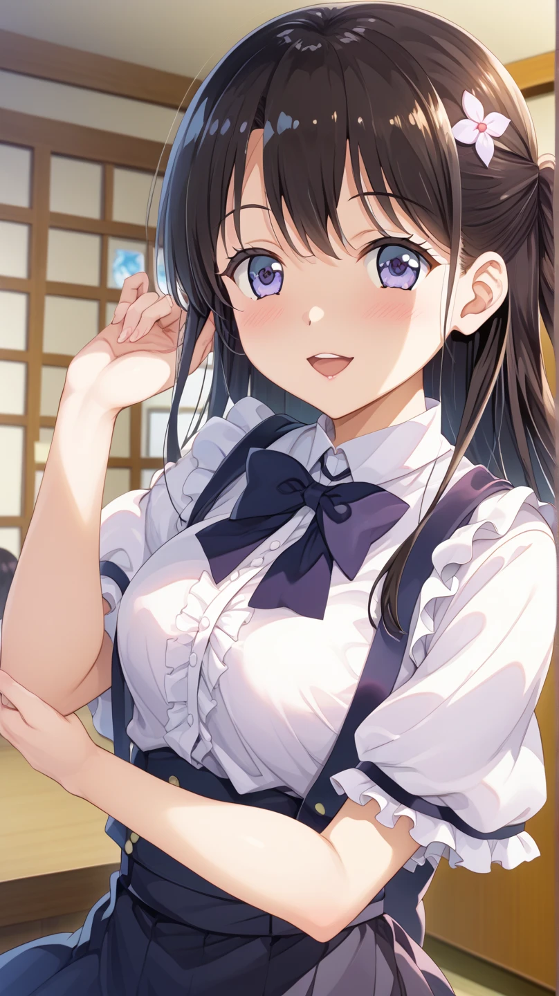 masterpiece、highest quality、1 girl、high school girl、18-year-old、Perfect Face、Shiny skin、Random Uniform、(ponytail)、Big eyes、tall)、Beautiful Hair、Beautiful Eyes、Perfect proportions、Beautiful thighs、Beautiful legs、Beautiful fingers、((High-quality fabric、brown knit vest、Short sleeve white collar shirt、Navy Pleated Skirt、A bow tie))、After school in the classroom、(smile)、(((((Skirt Lift、Panties and pantyhose are visible)))))