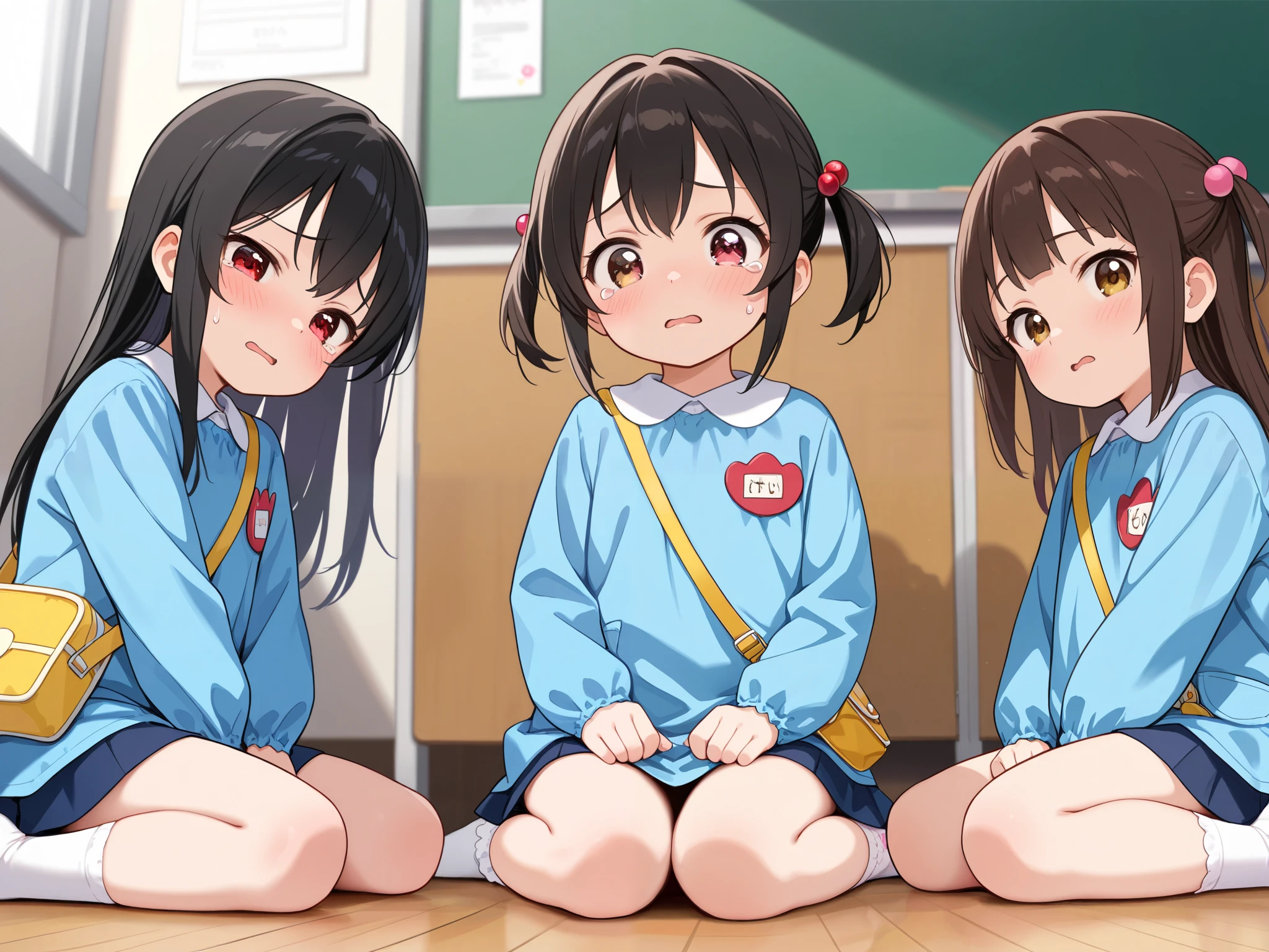 (masterpiece, best quality, highly detailed, ultra detailed), kawaii face, (perfect anatomy, best anatomy, extremely detailed, nice hand, perfect hand), (nice leg, perfect leg),(nice finger, perfect finger), (random pose), (random hair color:1.2), (different hair style, different face), (( loliFive girls hugging each other while sitting on the floor in a school classroom, wariza, 5girls, teary eyes, raised eyebrows, despair, kindergarten, kindergarten cap, kindergarten uniform, kindergarten bag, socks