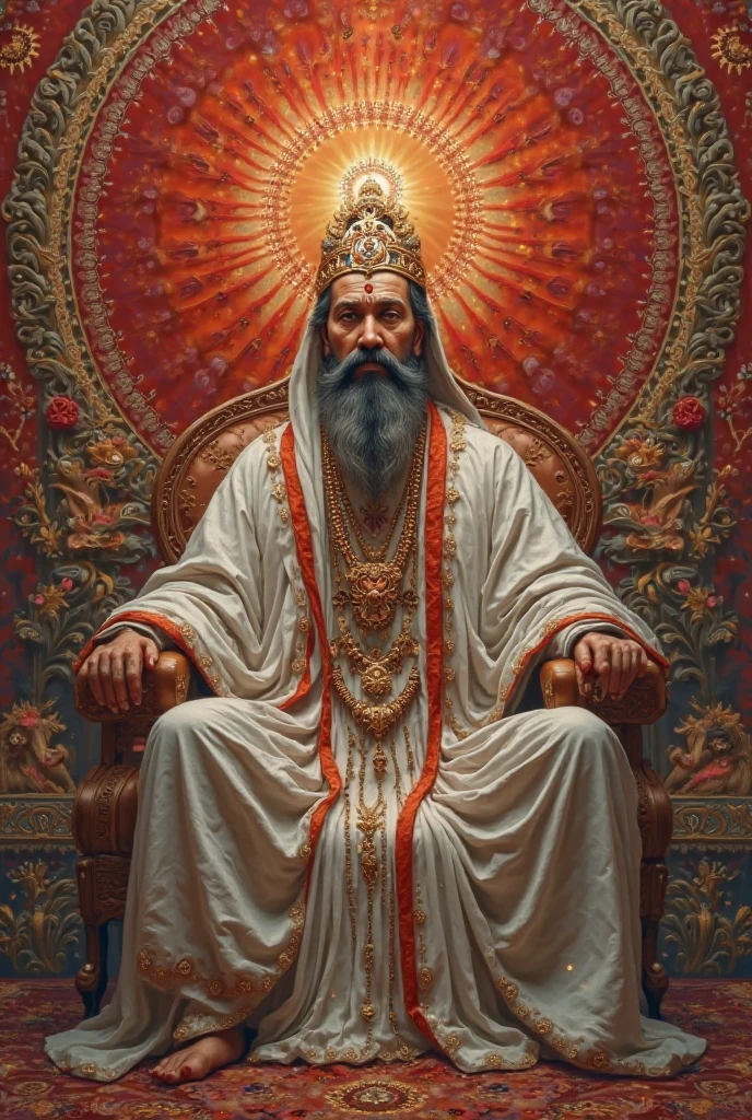 Mahamahim bhishma from the Mahabharat in hastinapur rajsabha in white attire with lots of ornaments and great taaj on head