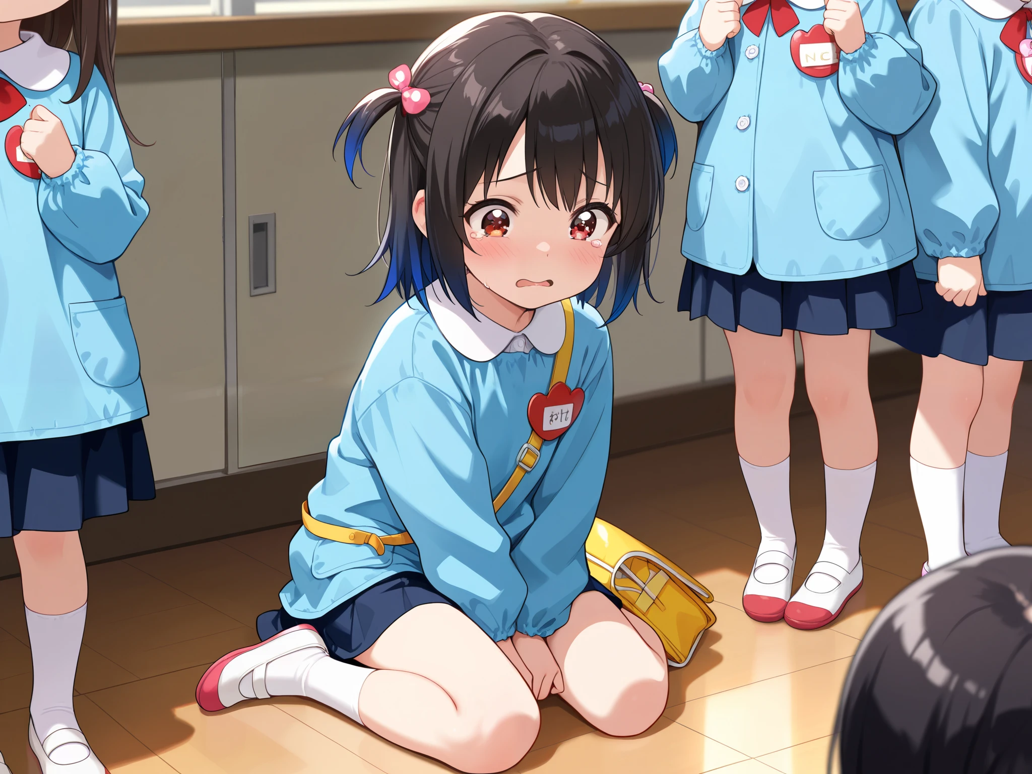 (masterpiece, best quality, highly detailed, ultra detailed), kawaii face, (perfect anatomy, best anatomy, extremely detailed, nice hand, perfect hand), (nice leg, perfect leg),(nice finger, perfect finger), (random pose), (random hair color:1.2), (different hair style, different face), (( loliFive girls hugging each other while sitting on the floor in a school classroom, wariza, 5girls, teary eyes, raised eyebrows, despair, kindergarten, kindergarten cap, kindergarten uniform, kindergarten bag, socks